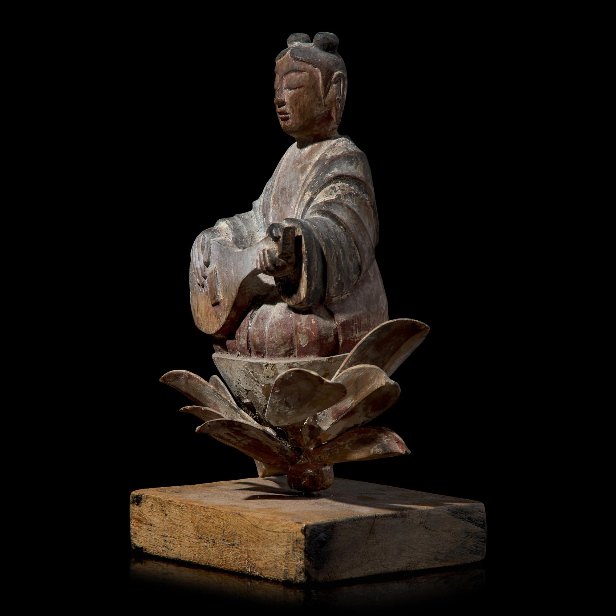 A Japanese Horyu-Ji Style Carved and Painted Wood Figure of a Celestial Musician, 19th Century or Earlier