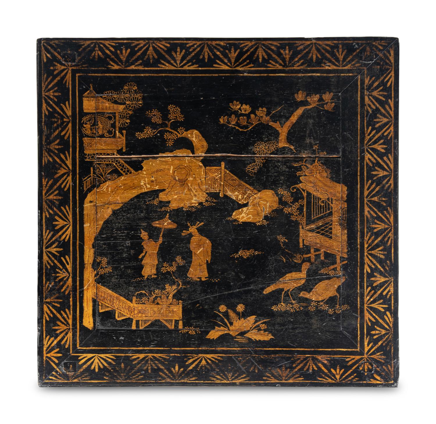 A Pair of Chinese Gilt-Decorated Black Lacquer Jardinière Stands