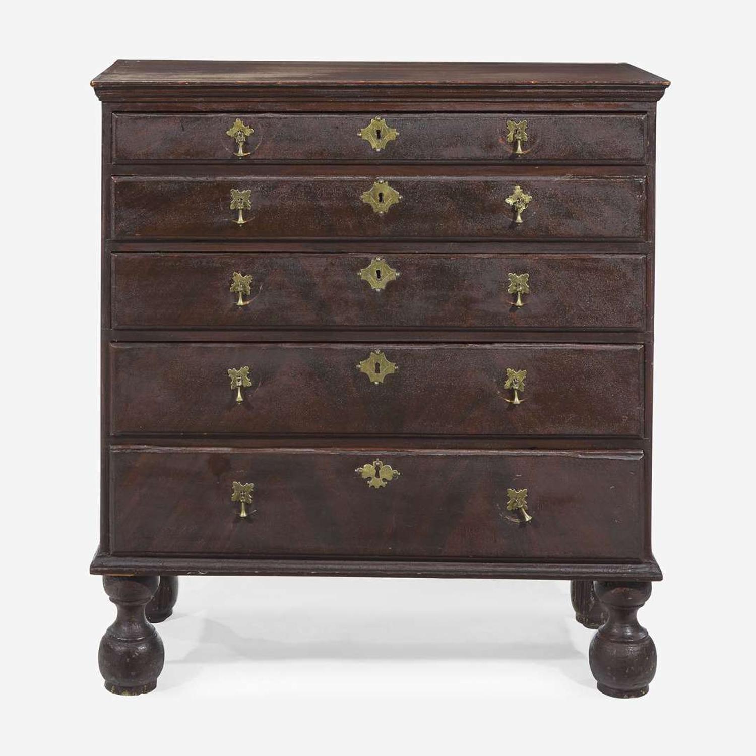 A William & Mary grain-painted pine five drawer chest New England, circa 1740