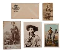 [WILD WEST SHOWS]. 5 items, incl. photos of "Buffalo Bill" Cody and female performer with rifle.