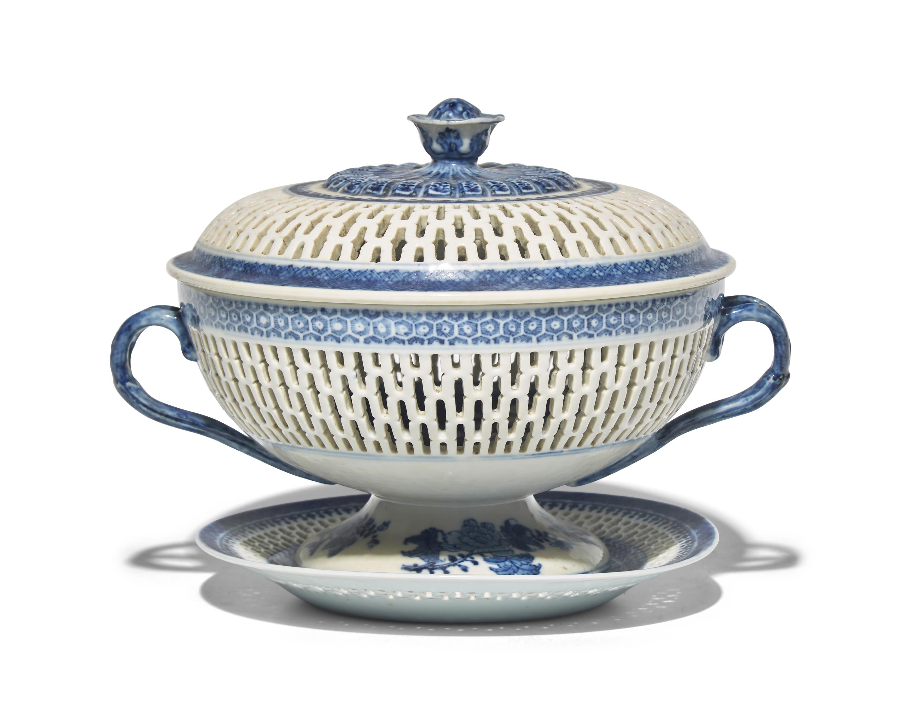 A Chinese Export Porcelain Reticulated Chestnut Covered Bowl and Undertray