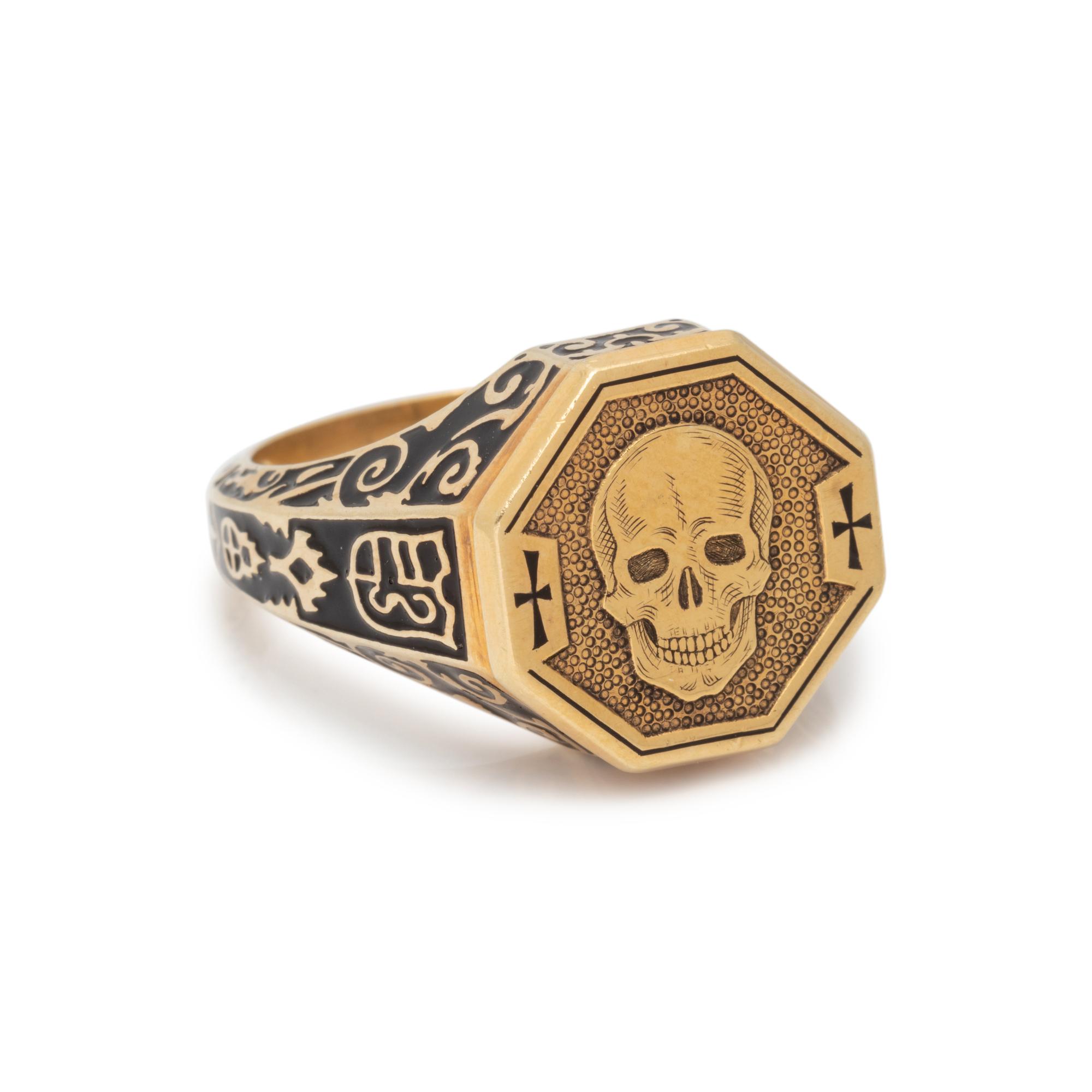 ATTILIO CODOGNATO, YELLOW GOLD AND ENAMEL SKULL RING