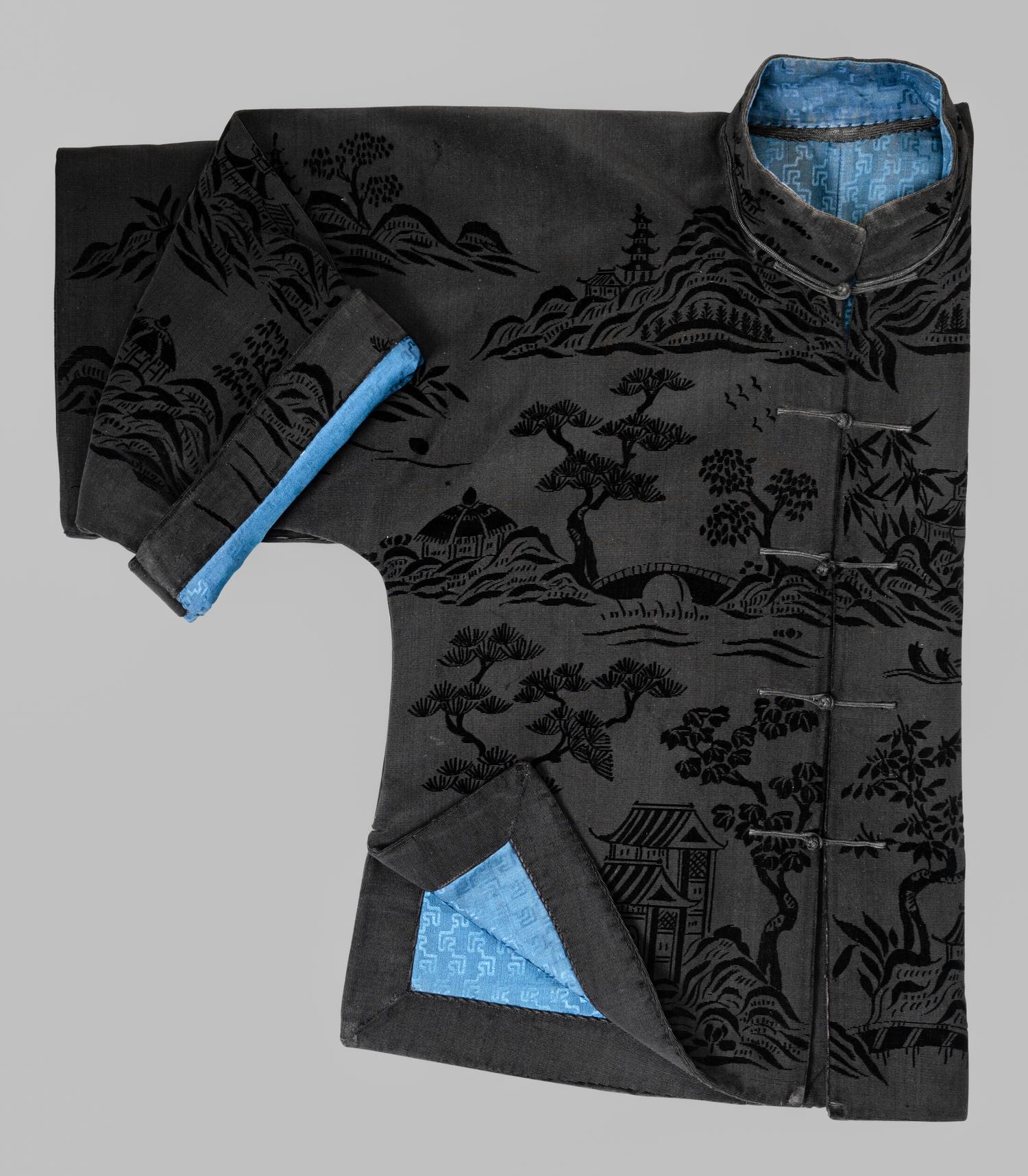 A Chinese Black Ground Silk Twill and Cut Velvet Jacket