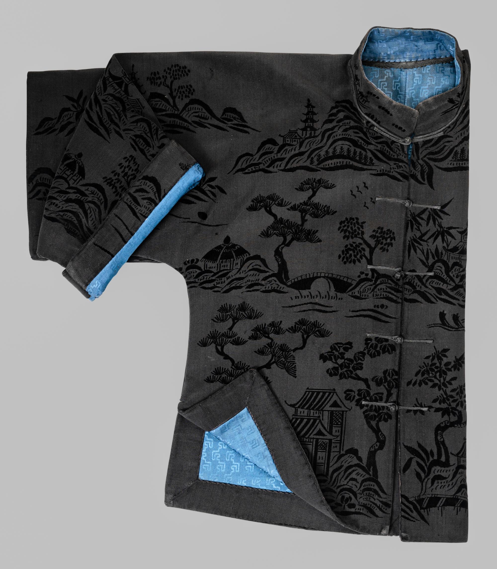 A Chinese Black Ground Silk Twill and Cut Velvet Jacket