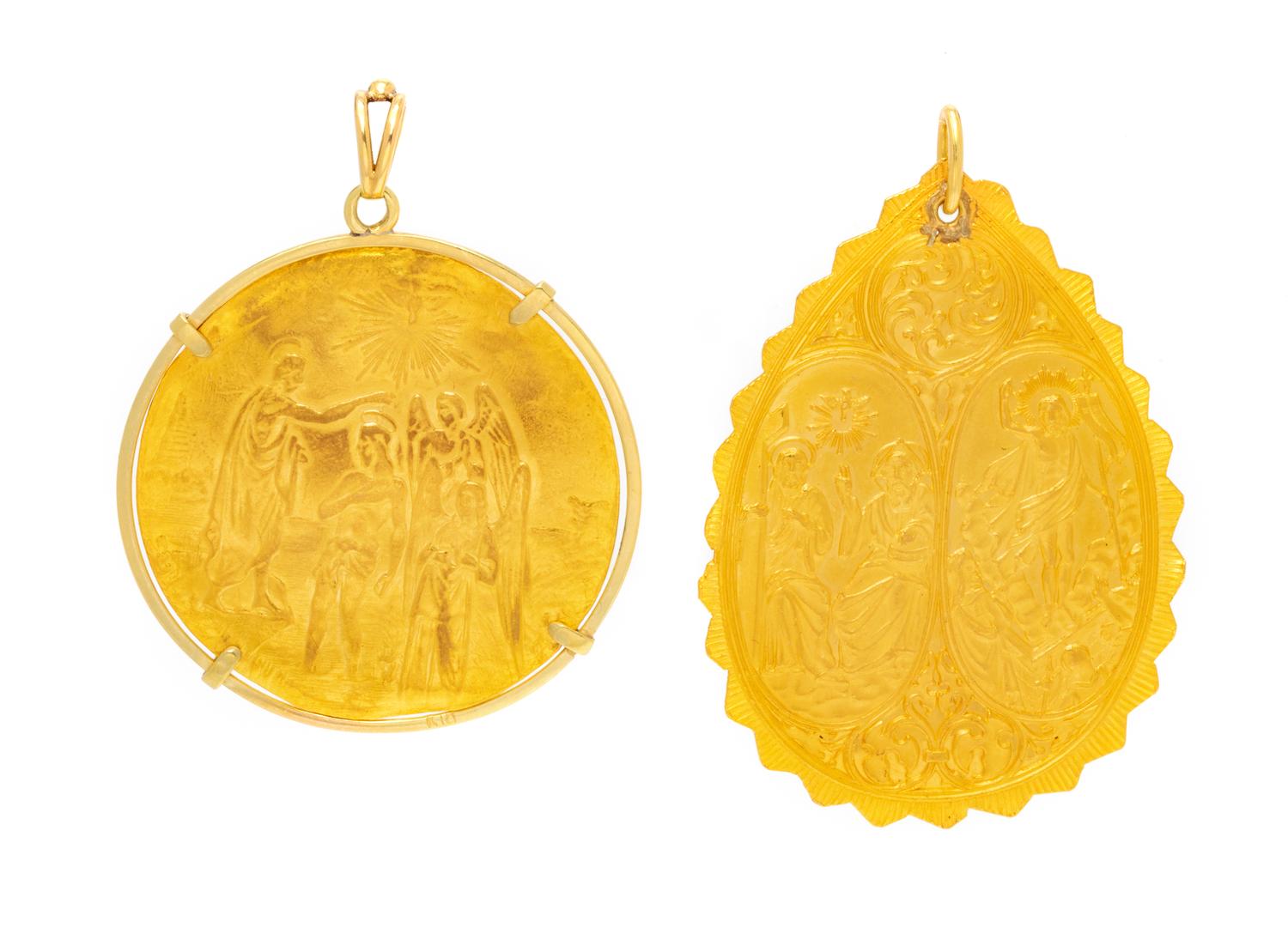 A Collection of High Karat and 18 Karat Yellow Gold Religious Pendants,