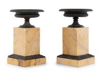 A Pair of French Marble and Patinated Bronze Urn Ornaments