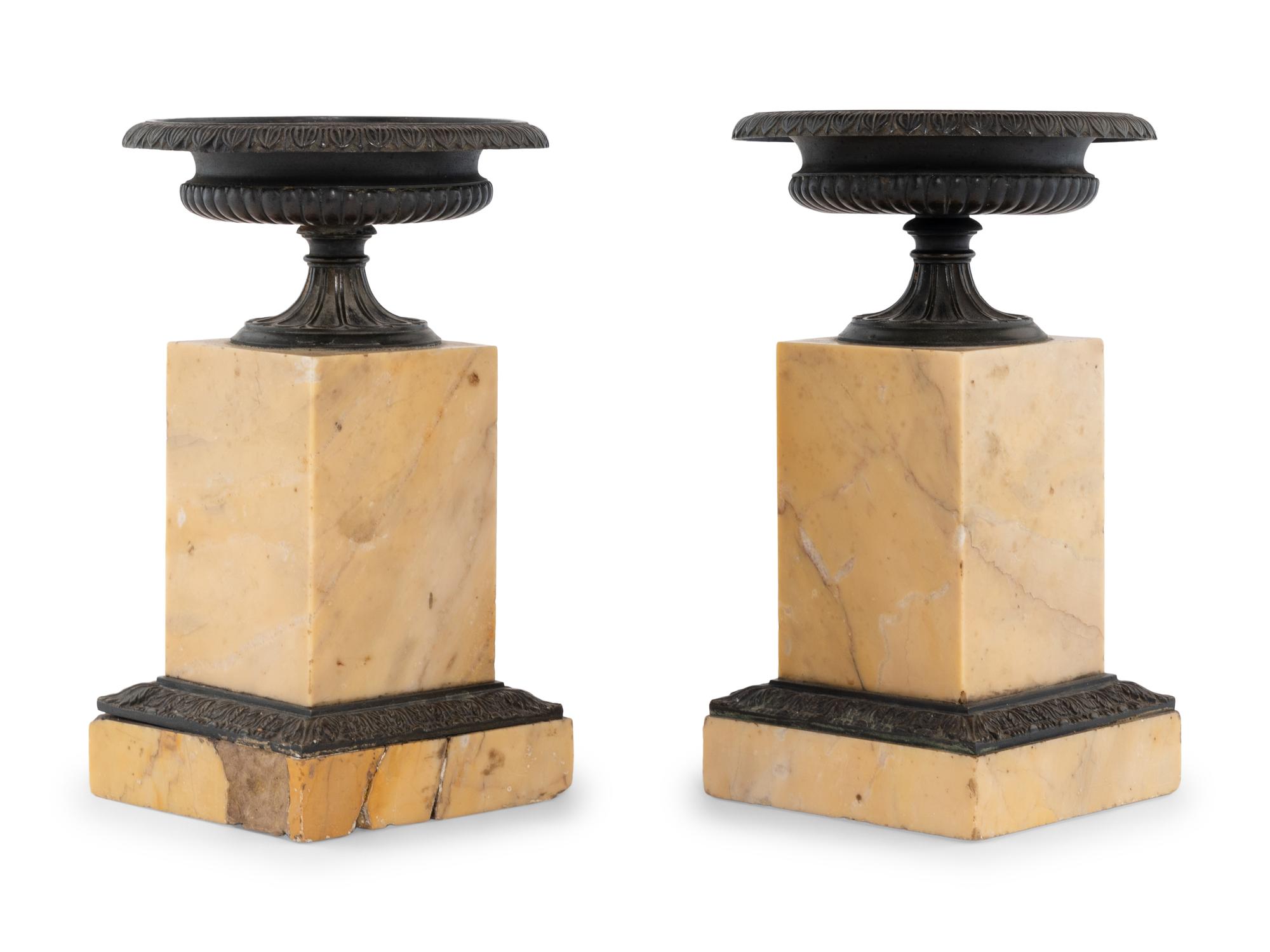A Pair of French Marble and Patinated Bronze Urn Ornaments