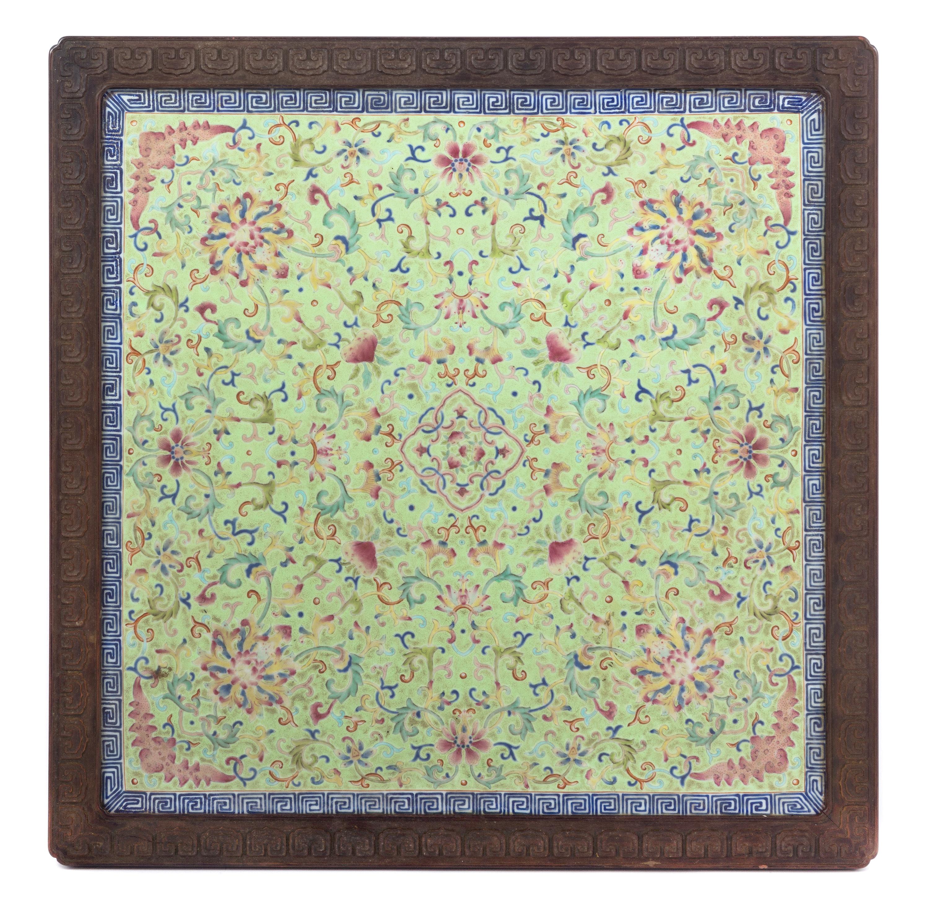 A Famille Rose Porcelain Plaque Height overall 19 1/8 x width 19 1/8 inches.