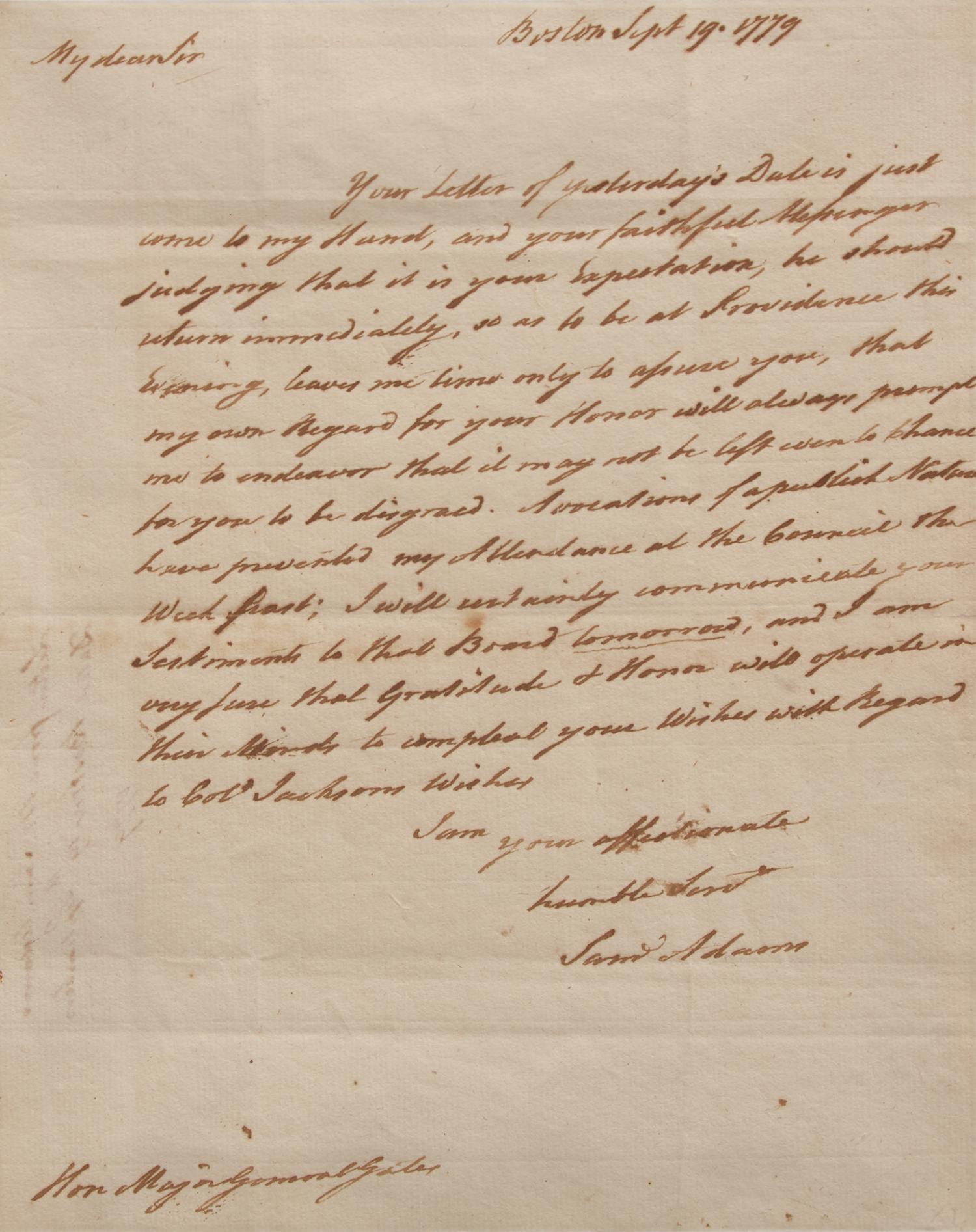 [American Revolution] Adams, Samuel. Autograph Letter, signed