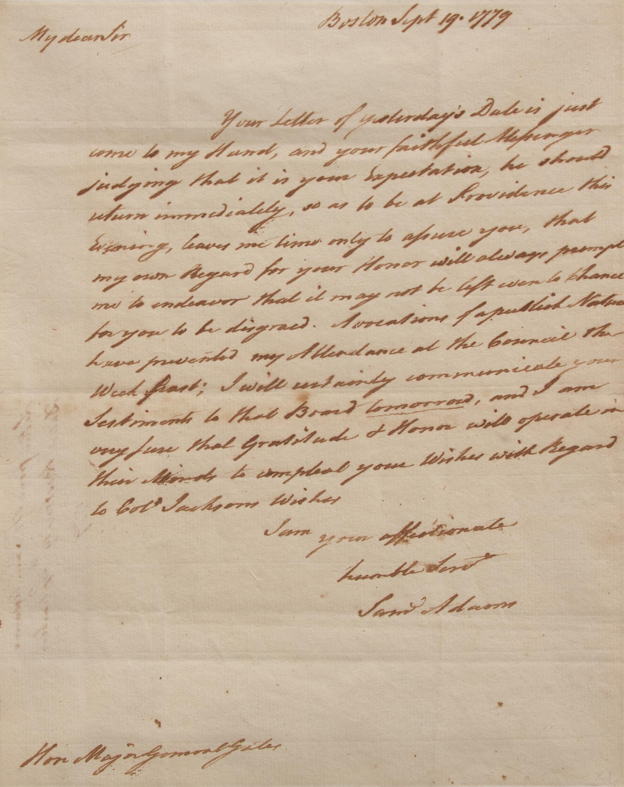 [American Revolution] Adams, Samuel. Autograph Letter, signed