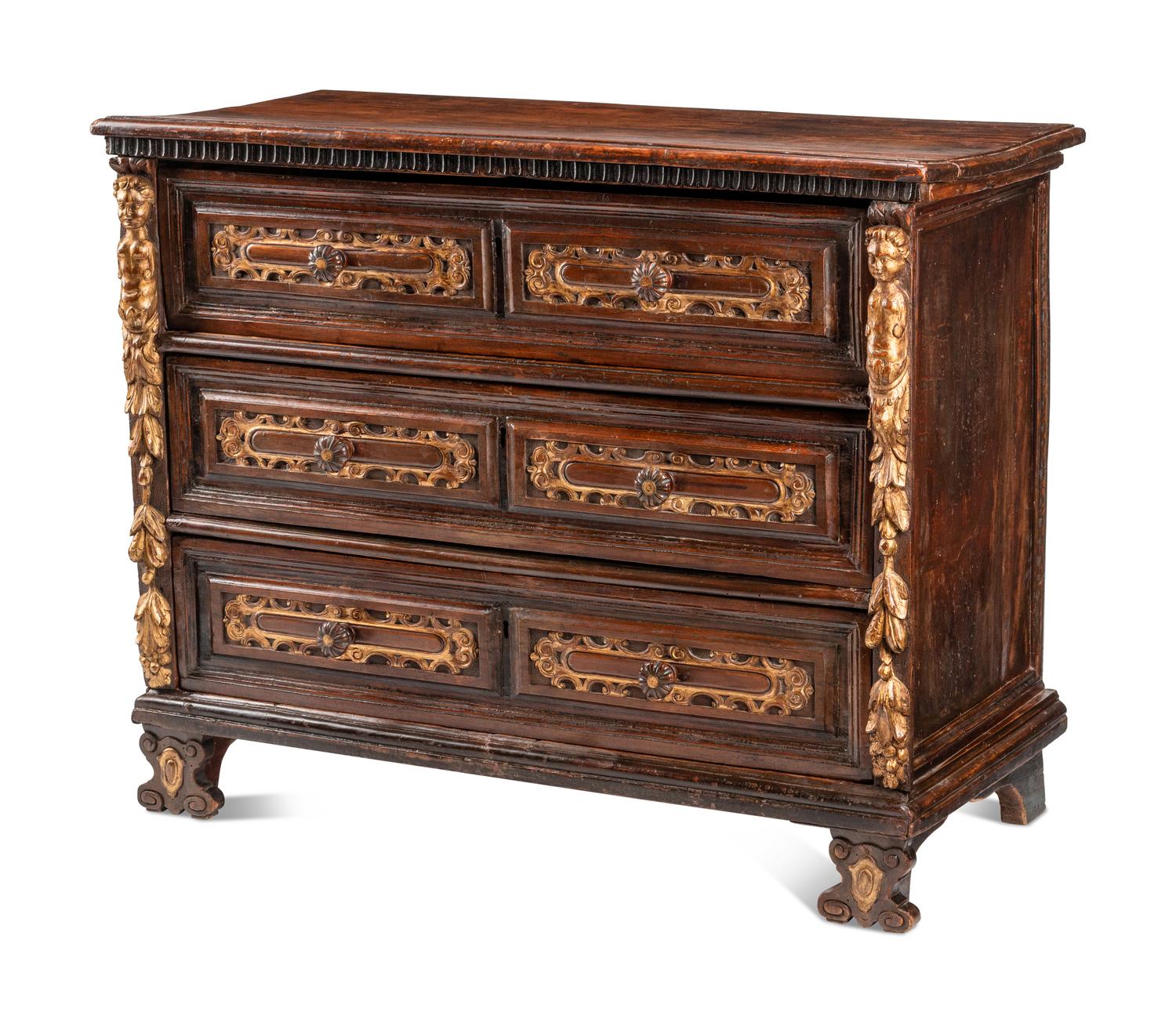 An Italian Baroque Parcel Gilt Walnut Chest of Drawers