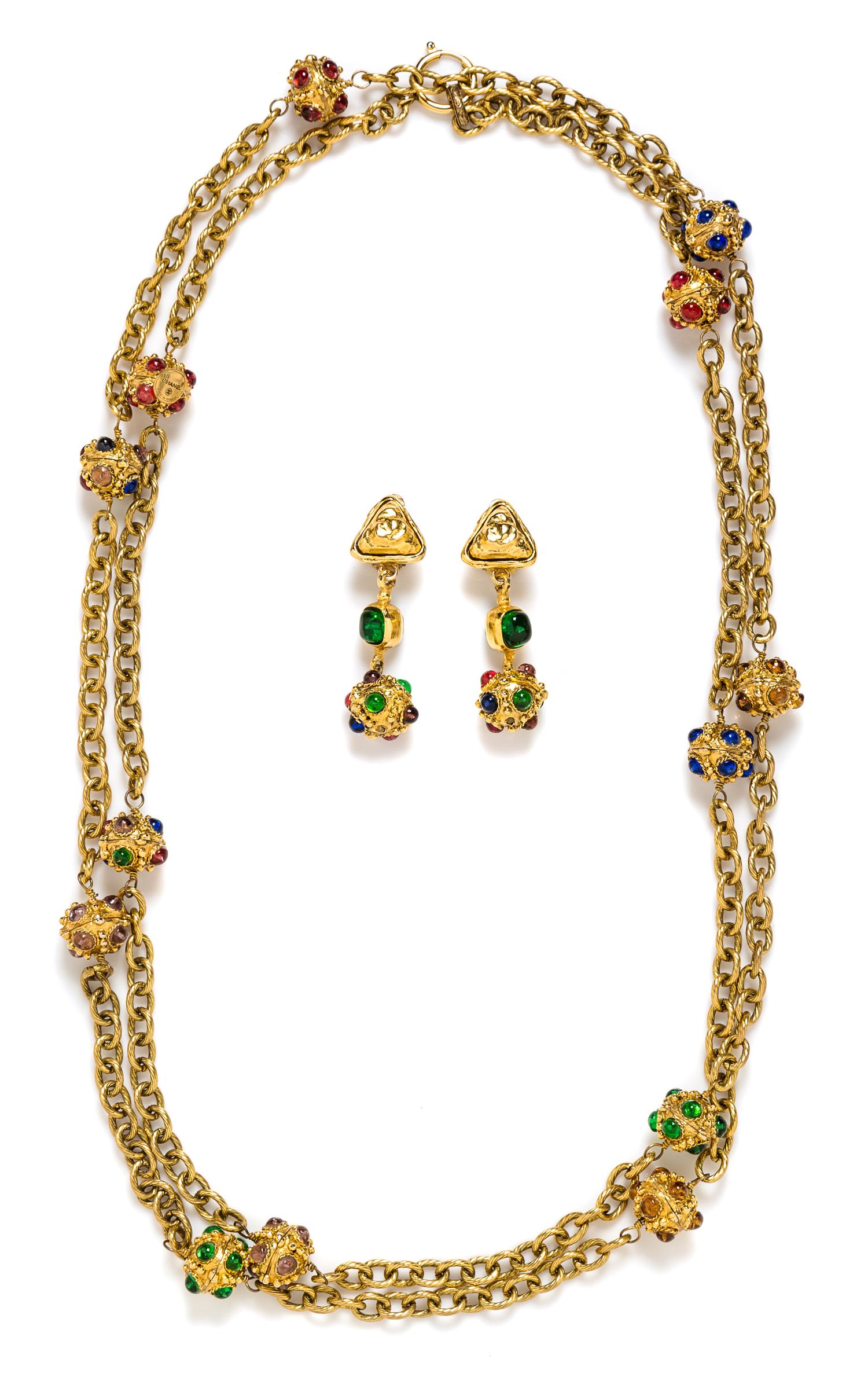 A Chanel Goldtone and Gripoix Demi Parure, Necklace: 67"; Earclips: 2.5".