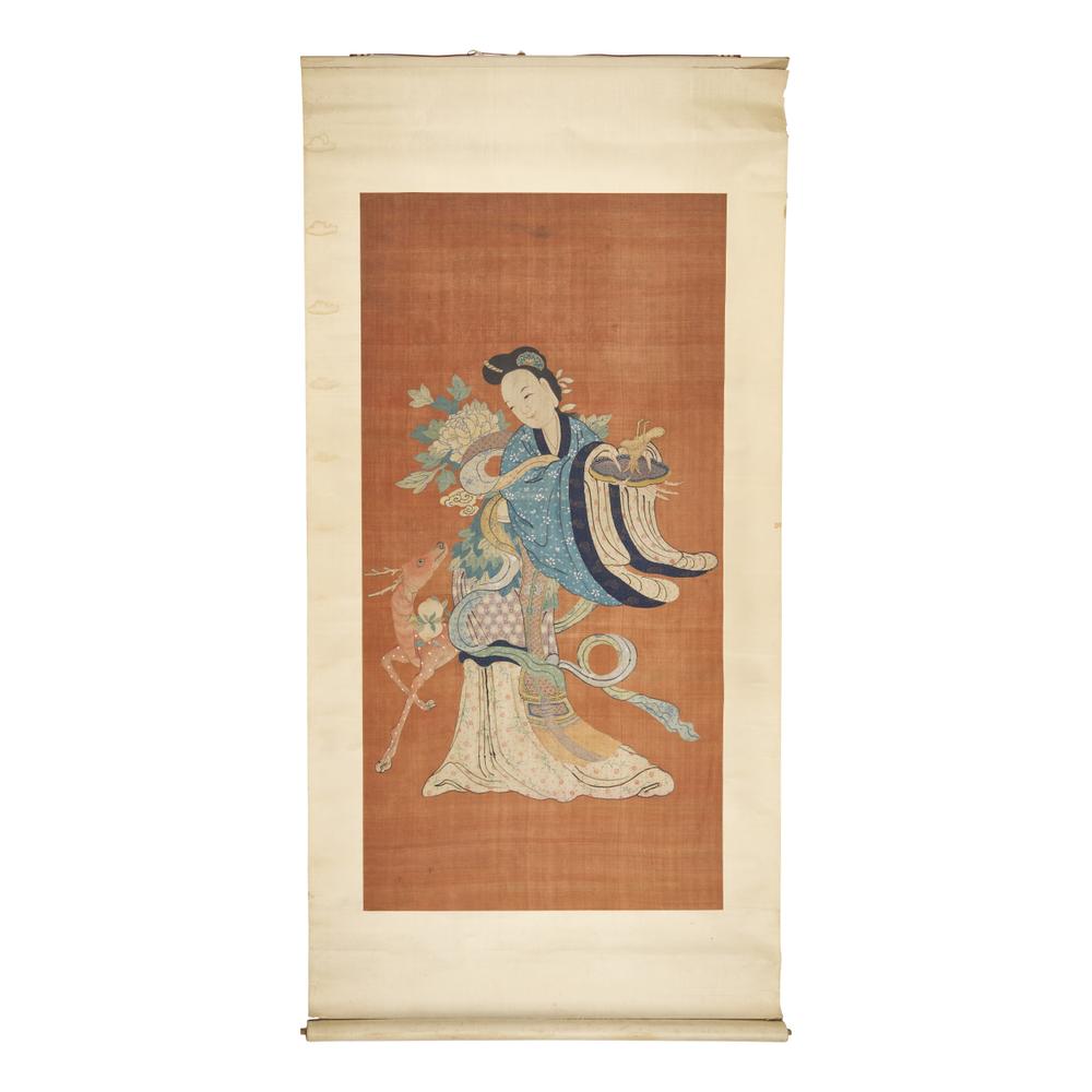 A Chinese Kesi Figural Tapestry Depicting a Meiren with Deer, 19th Century