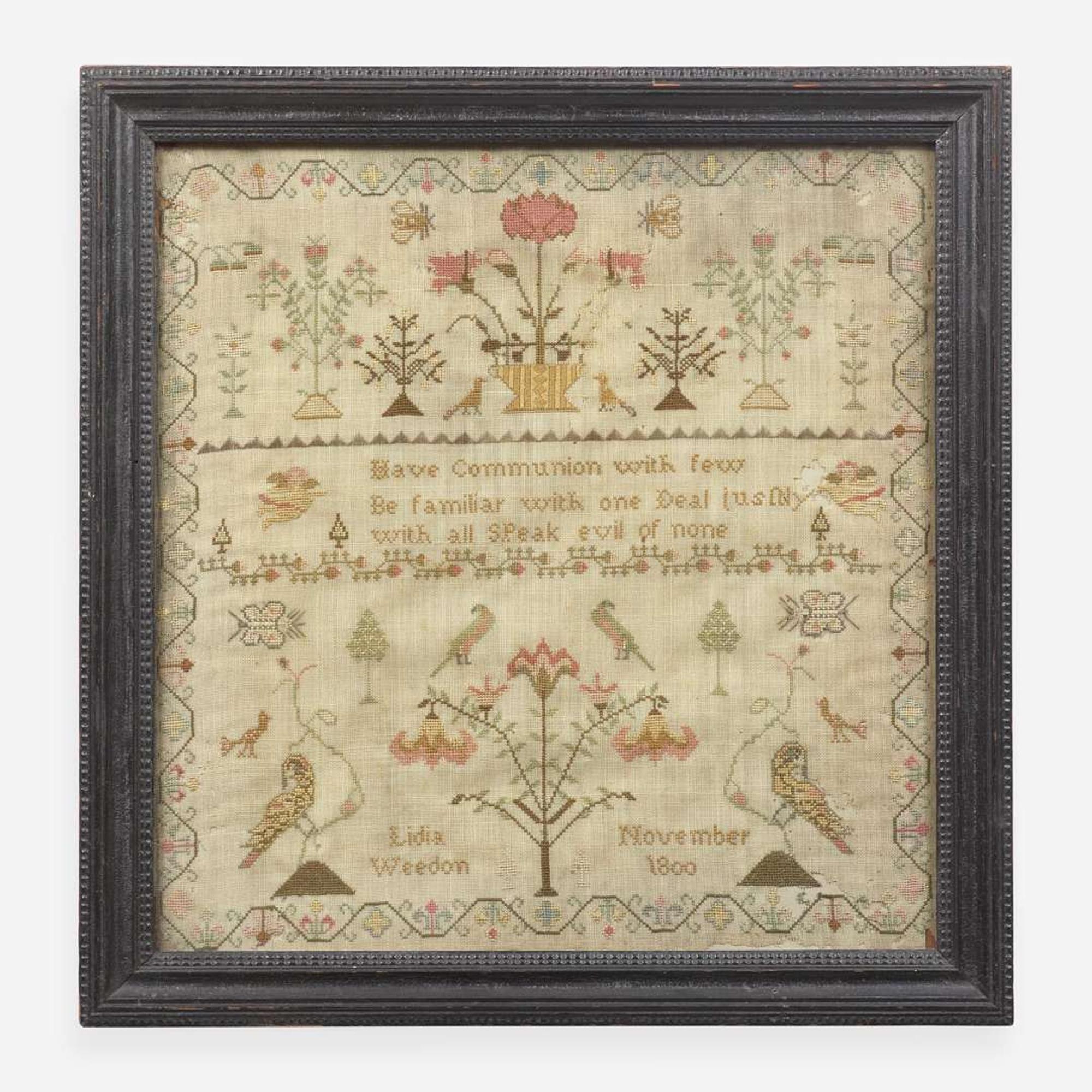 A needlework sampler Worked by "Lidia Weedon, November 1800"