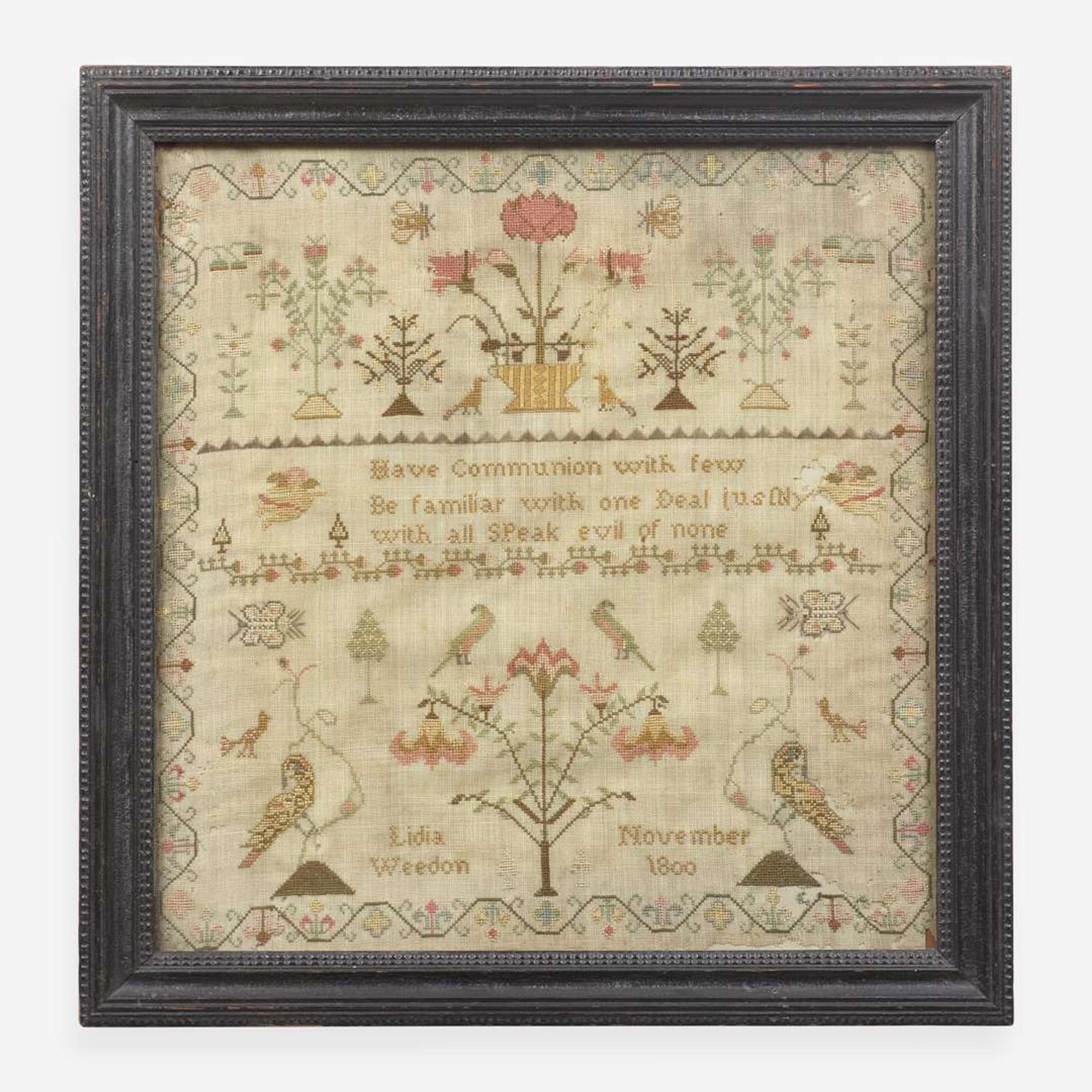 A needlework sampler Worked by "Lidia Weedon, November 1800"