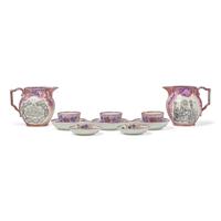 A Pair of Staffordshire Pink Sunderland Lustreware Masonic Water Pitchers, Together with Five Tea Bowls and Saucers