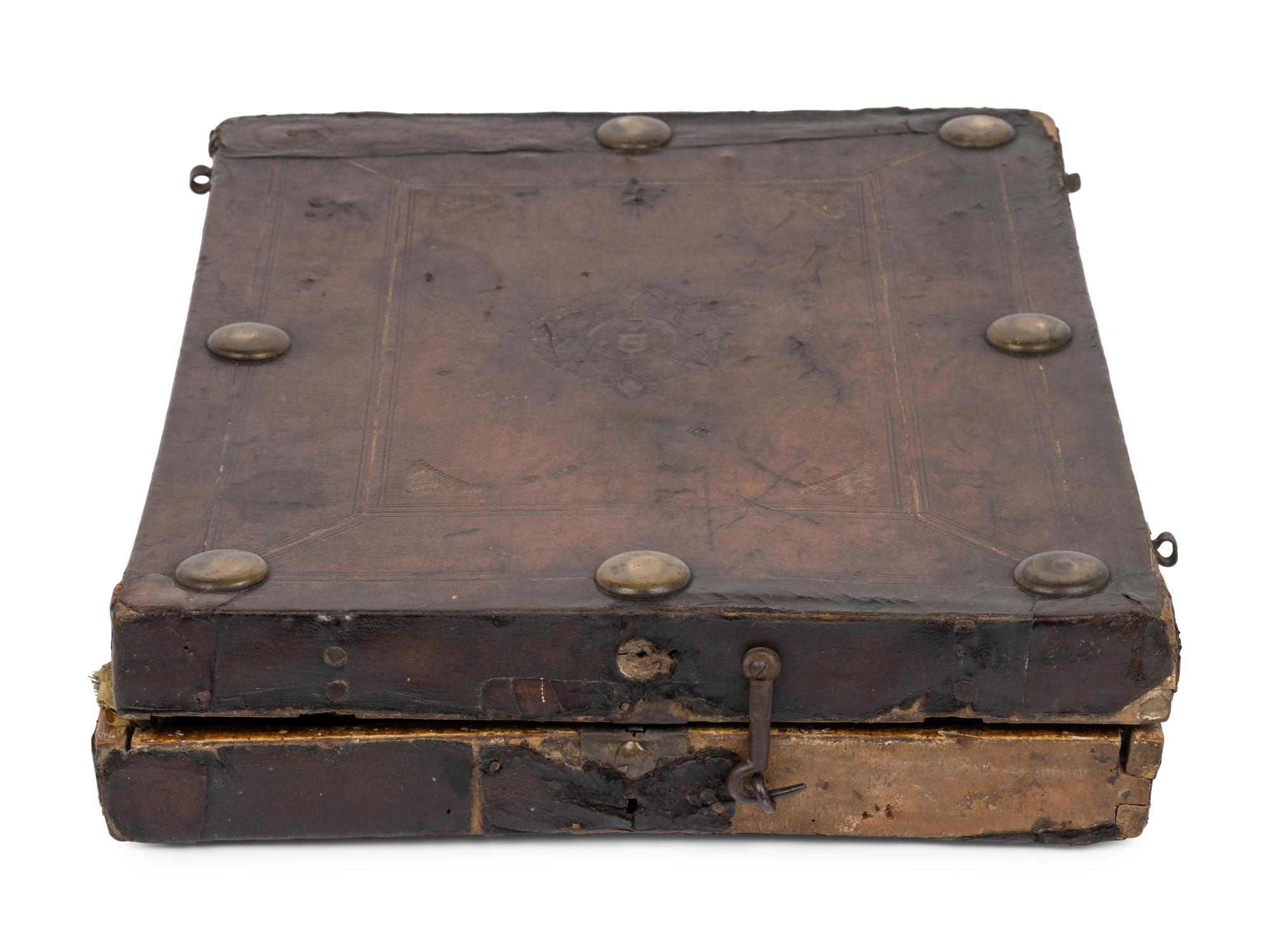 A German Leather-Cased Giltwood Traveling Altar