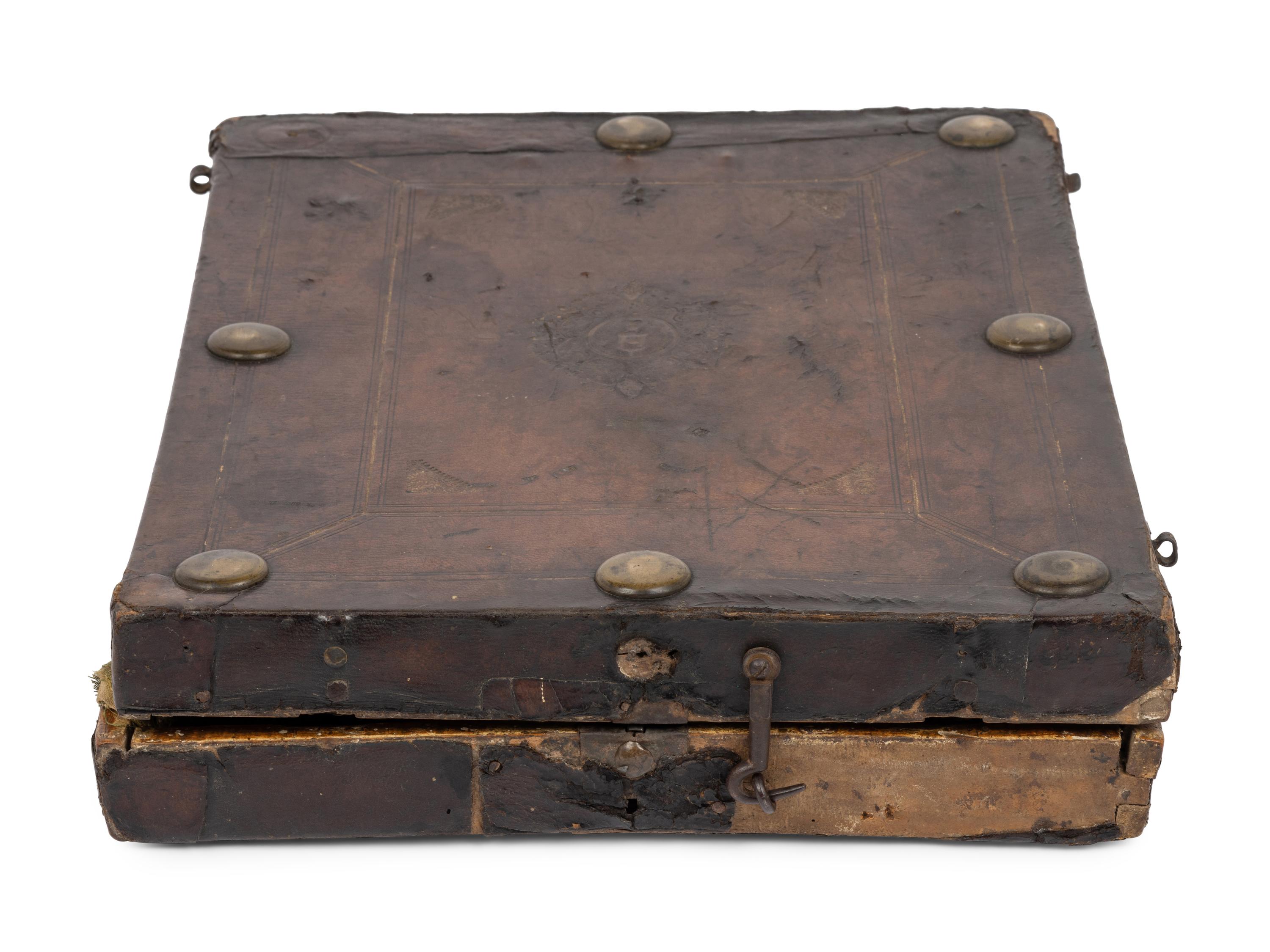 A German Leather-Cased Giltwood Traveling Altar