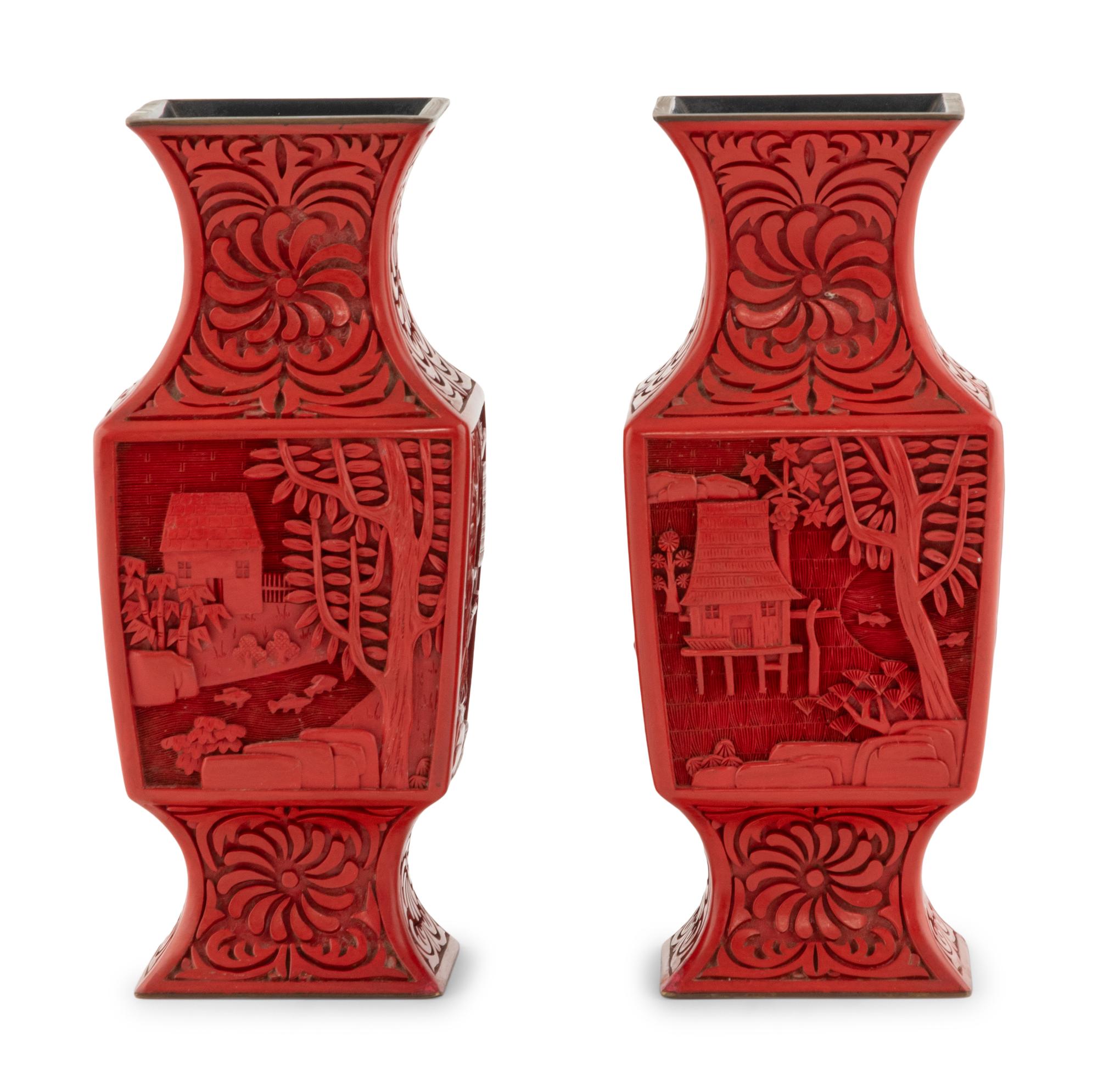 A Pair of Chinese Carved Red Lacquer Vases