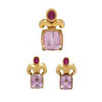 Kunzite, Ruby, and Yellow Gold Pendant and Earrings