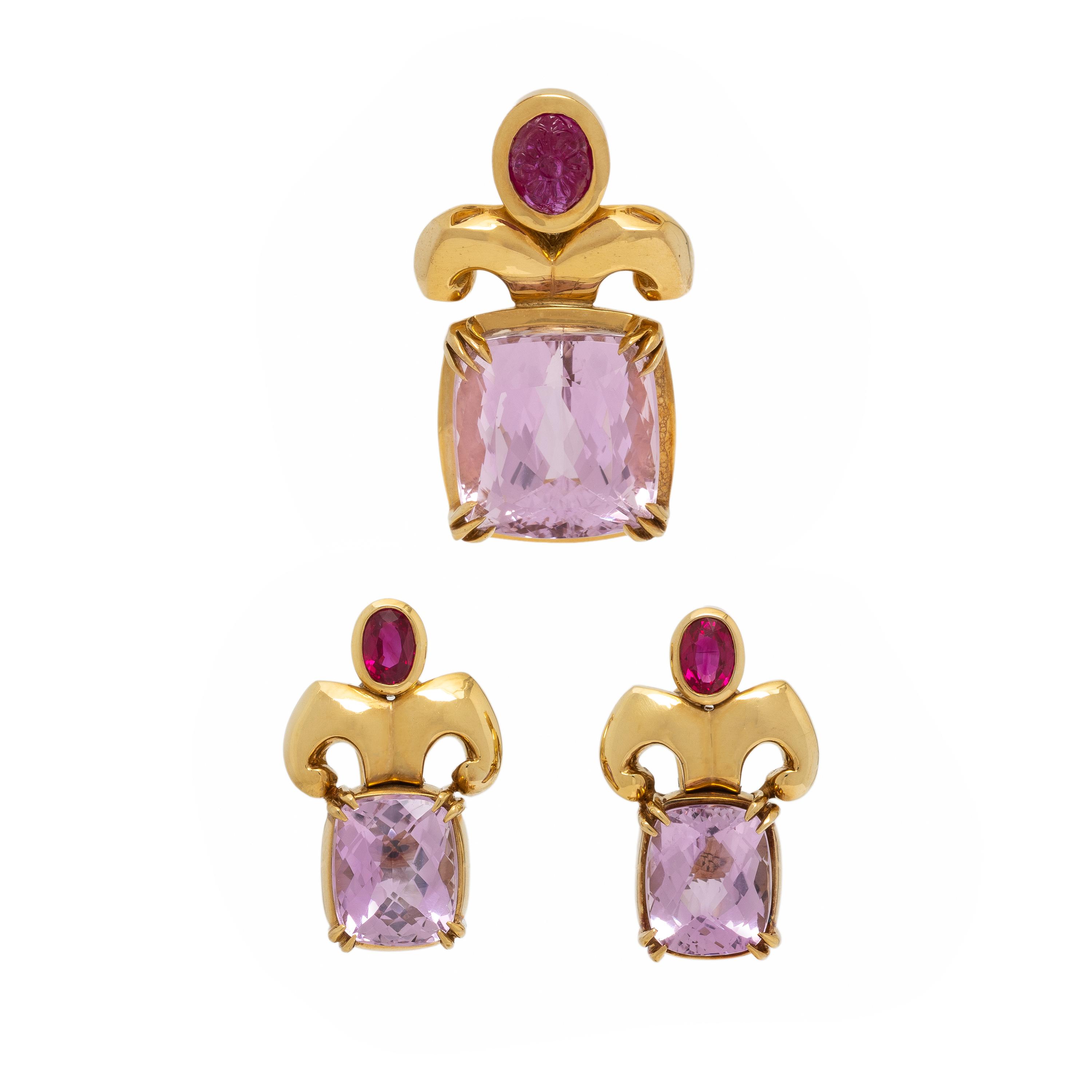Kunzite, Ruby, and Yellow Gold Pendant and Earrings