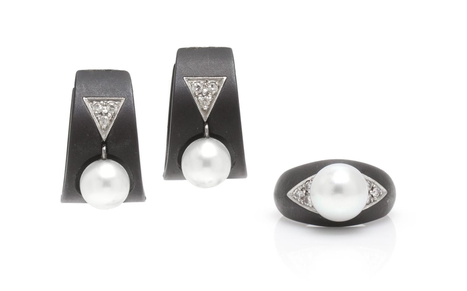 An Art Moderne Blackened Steel, White Gold, Diamond and Cultured Pearl Demi Parure, Marsh & Co., 9.60 dwts.