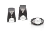 An Art Moderne Blackened Steel, White Gold, Diamond and Cultured Pearl Demi Parure, Marsh & Co., 9.60 dwts.