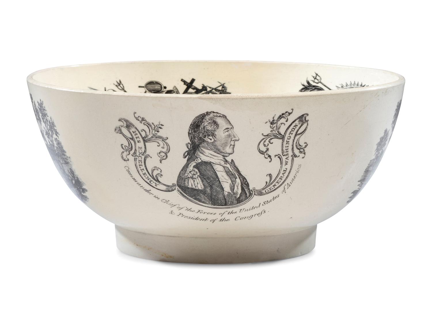 A Liverpool Transfer-Printed Creamware Punch Bowl with George Washington and Benjamin Franklin