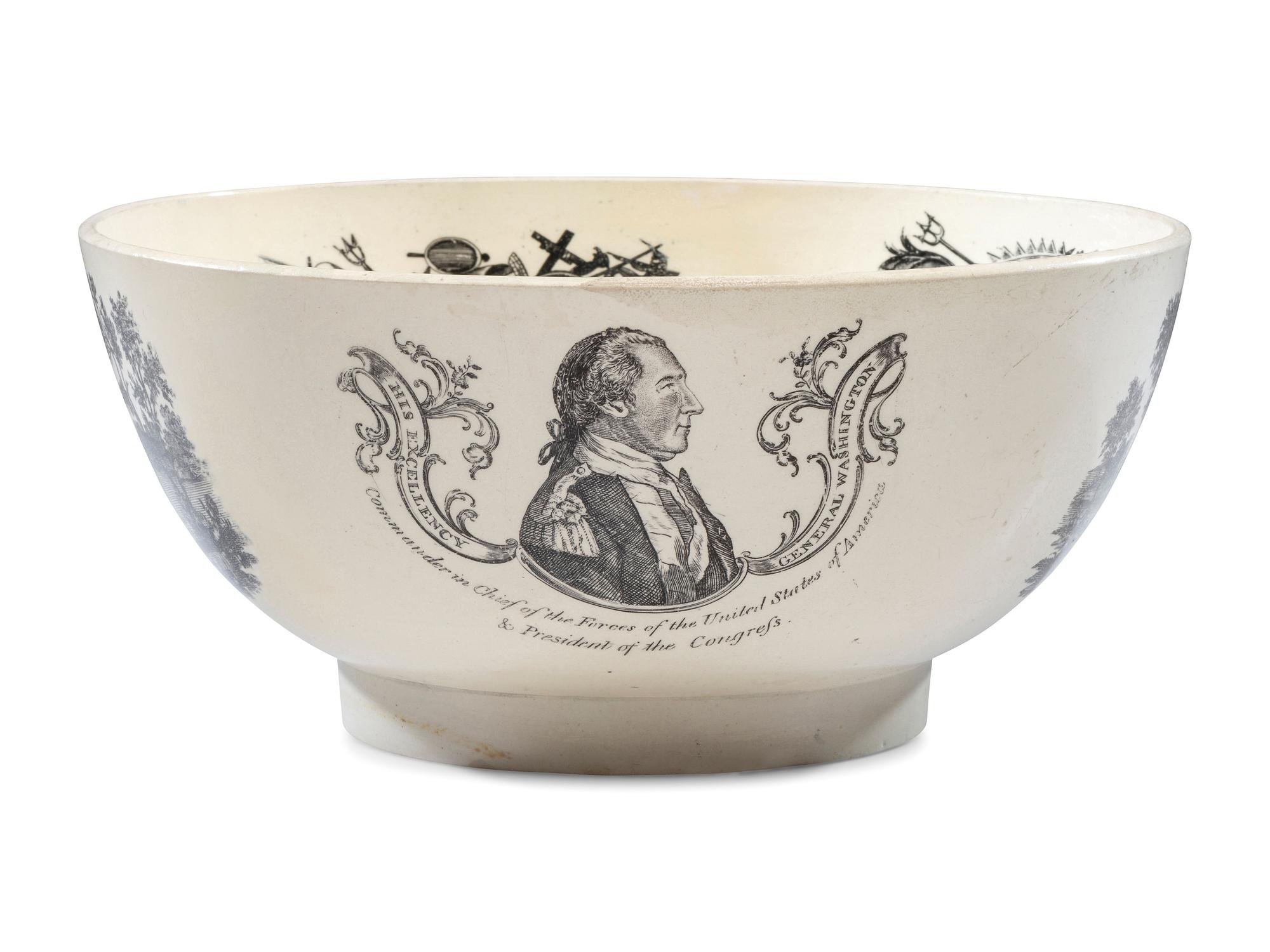 A Liverpool Transfer-Printed Creamware Punch Bowl with George Washington and Benjamin Franklin
