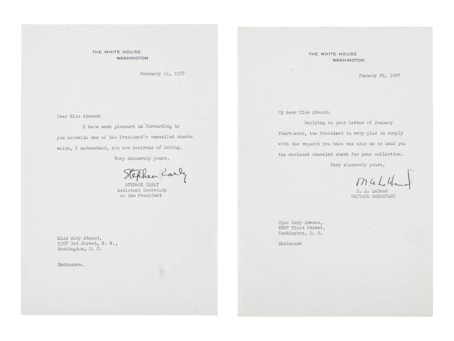 ROOSEVELT, Franklin D. (1882-1945). A group of 8 items, highlighted by 2 signed checks.