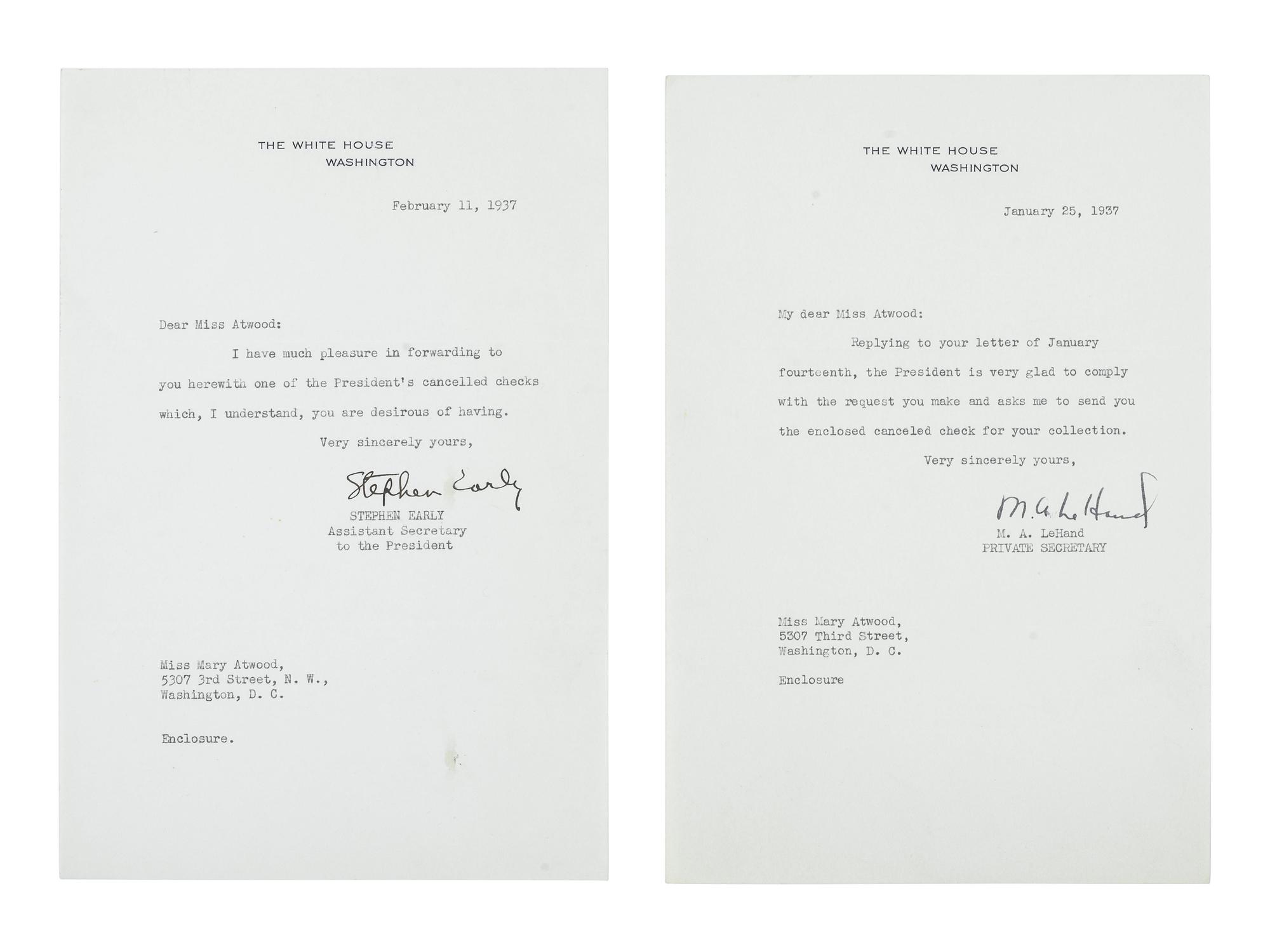 ROOSEVELT, Franklin D. (1882-1945). A group of 8 items, highlighted by 2 signed checks.