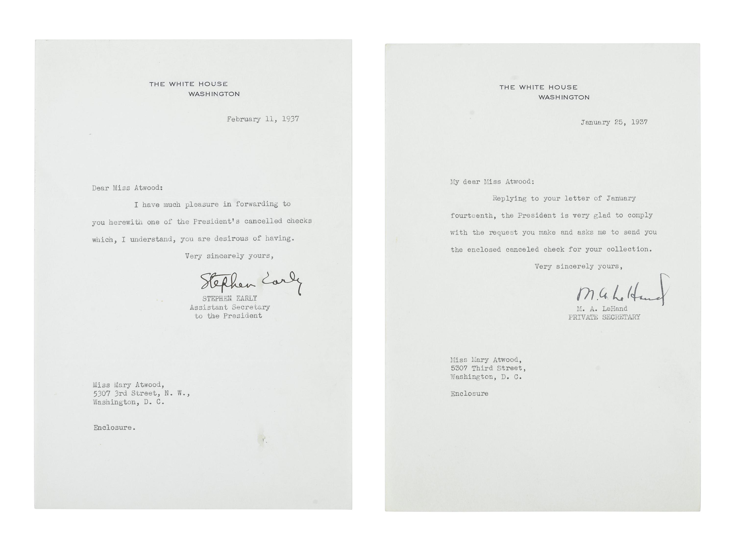 ROOSEVELT, Franklin D. (1882-1945). A group of 8 items, highlighted by 2 signed checks.