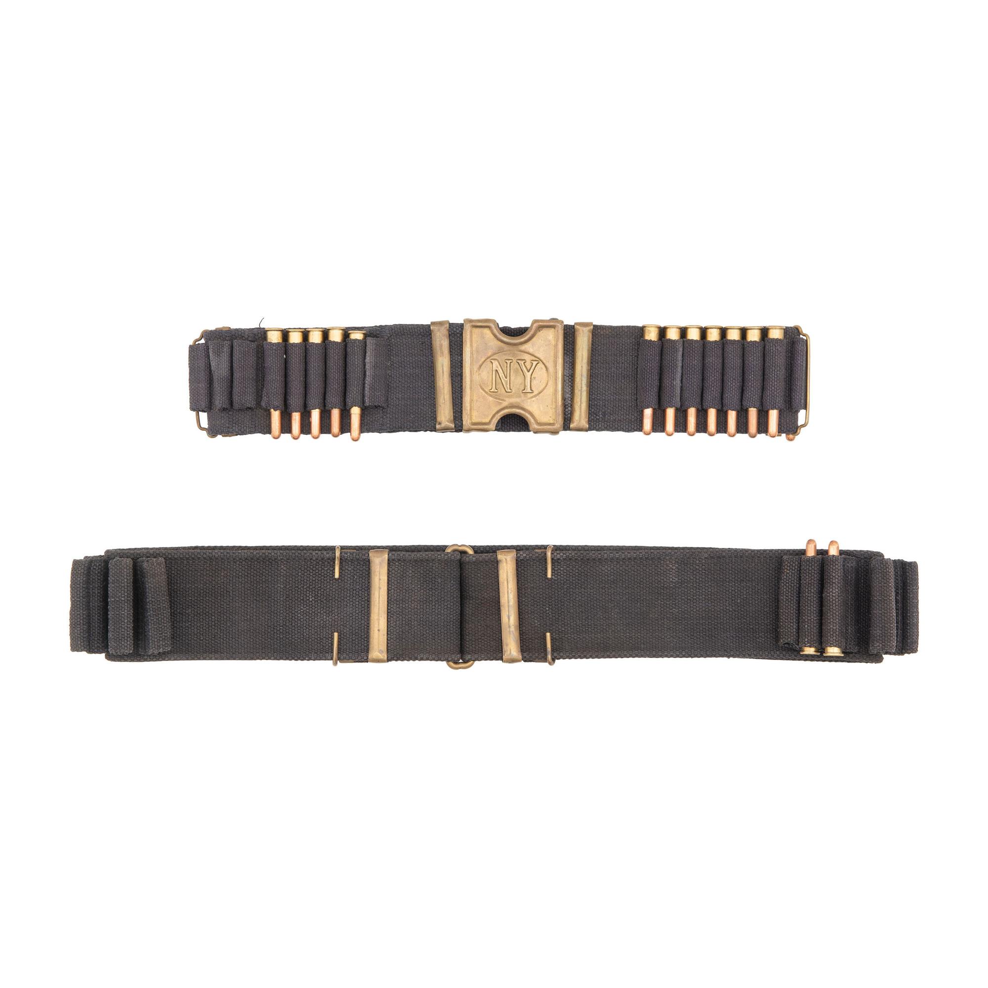 Two Blue Woven Mills Belts: A Single Row Krag New York National Guard and A Double Row Krag with C Closure