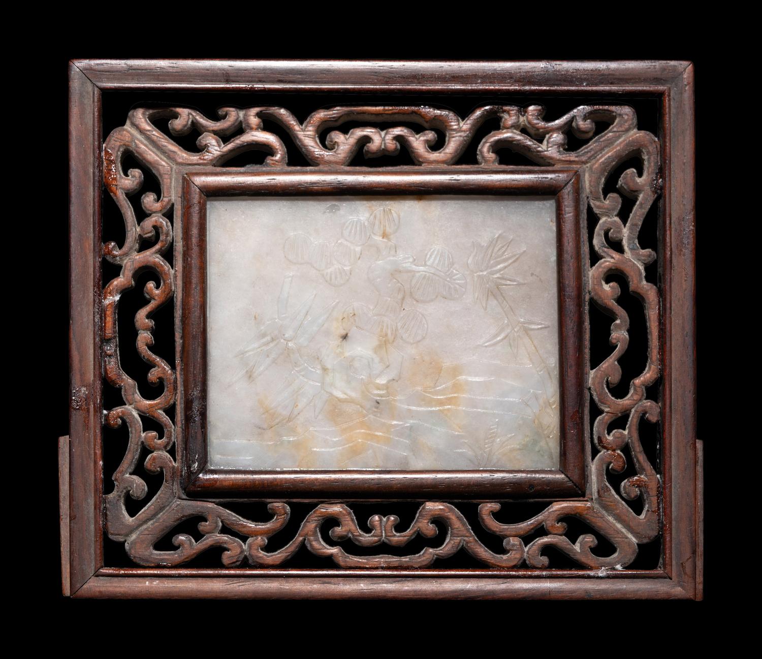 A Chinese Greyish White Jade Inset Hardwood Mounted Panel