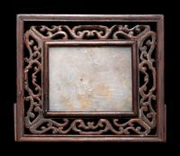 A Chinese Greyish White Jade Inset Hardwood Mounted Panel
