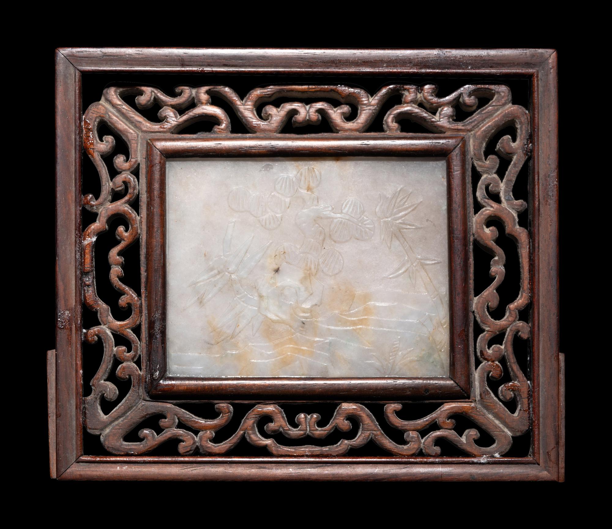 A Chinese Greyish White Jade Inset Hardwood Mounted Panel
