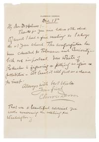 DARROW, Clarence (1857-1938). Autograph letter signed ("Clarence Darrow"), to Dr. Holmes. N.p., 13 December [no year].