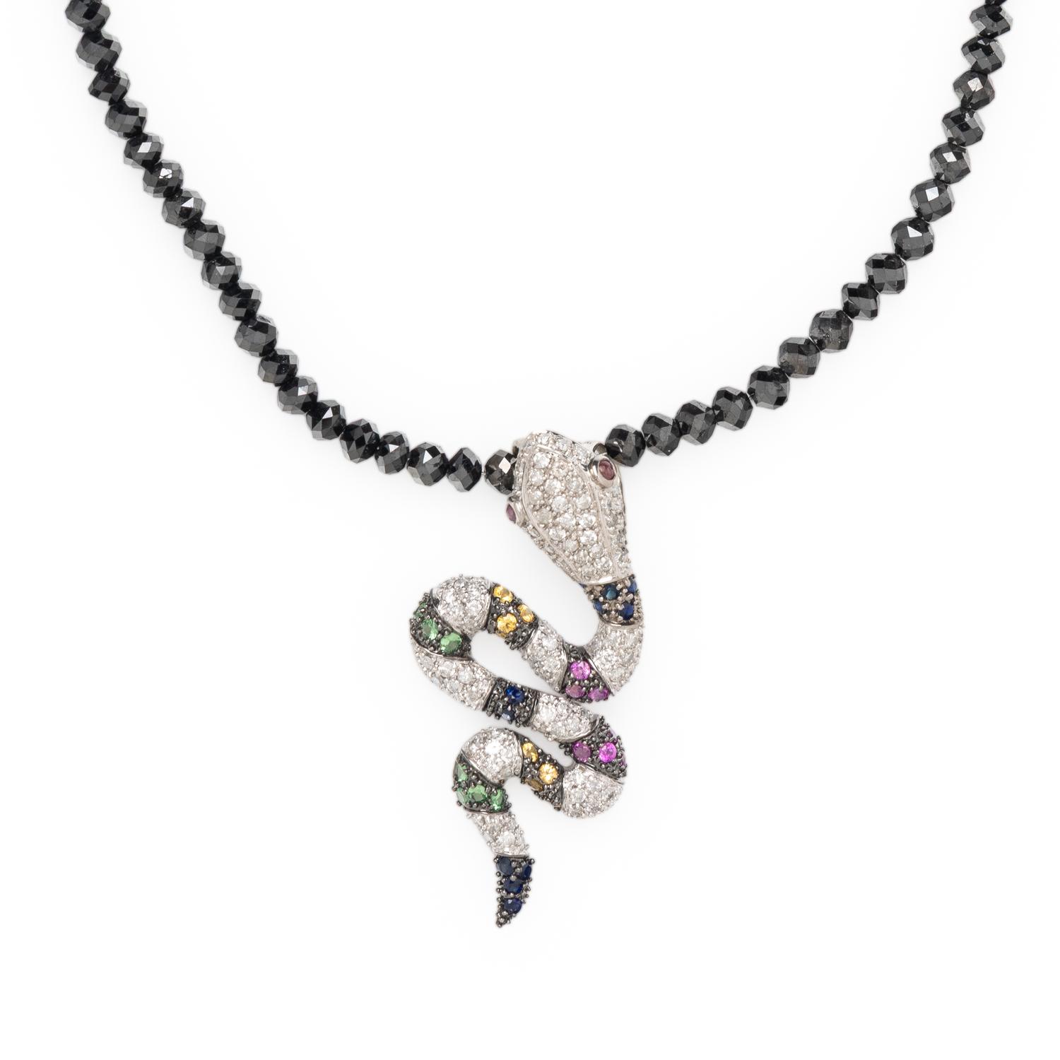 MULTIGEM, DIAMOND, AND WHITE GOLD SNAKE PENDANT WITH BEADED NECKLACE