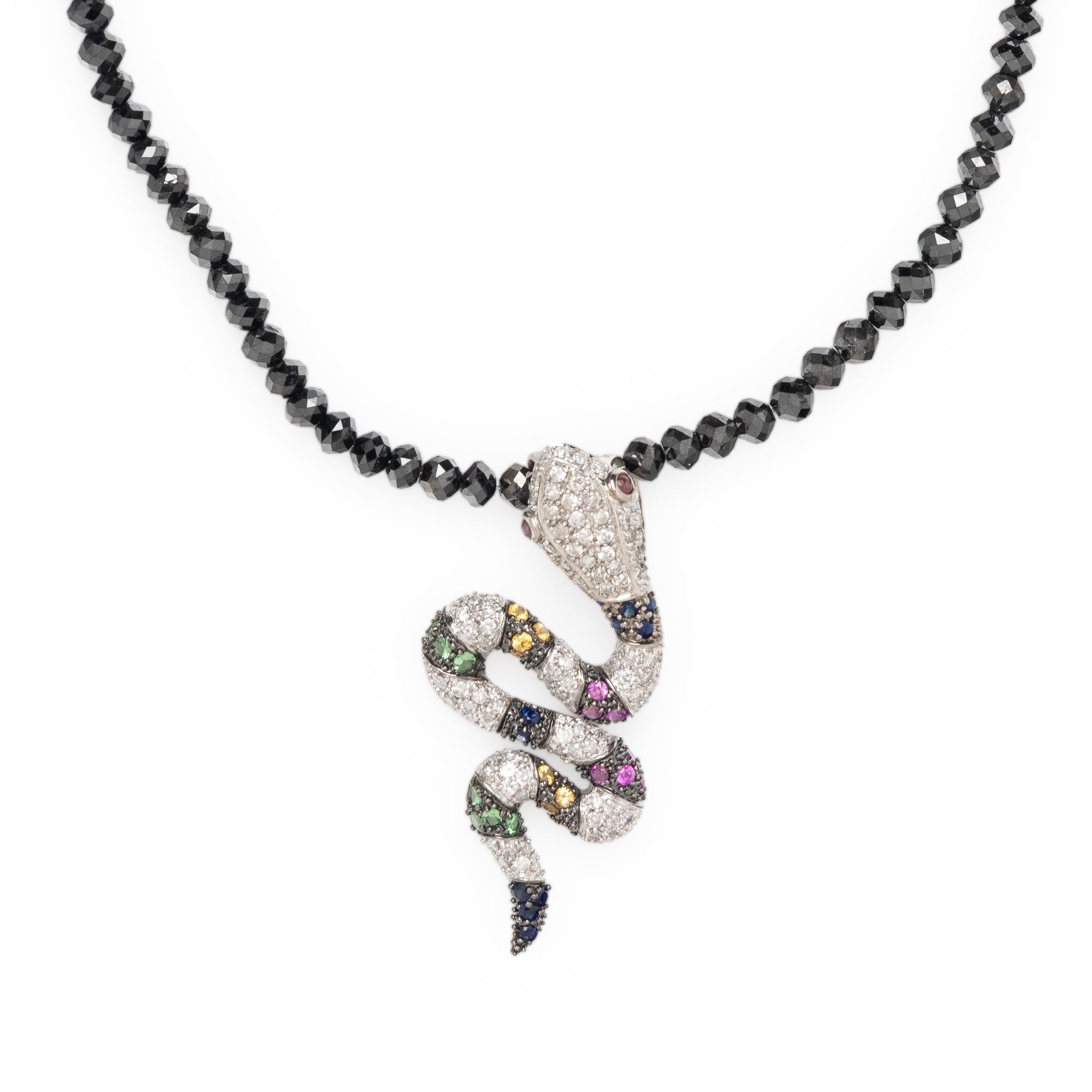 MULTIGEM, DIAMOND, AND WHITE GOLD SNAKE PENDANT WITH BEADED NECKLACE