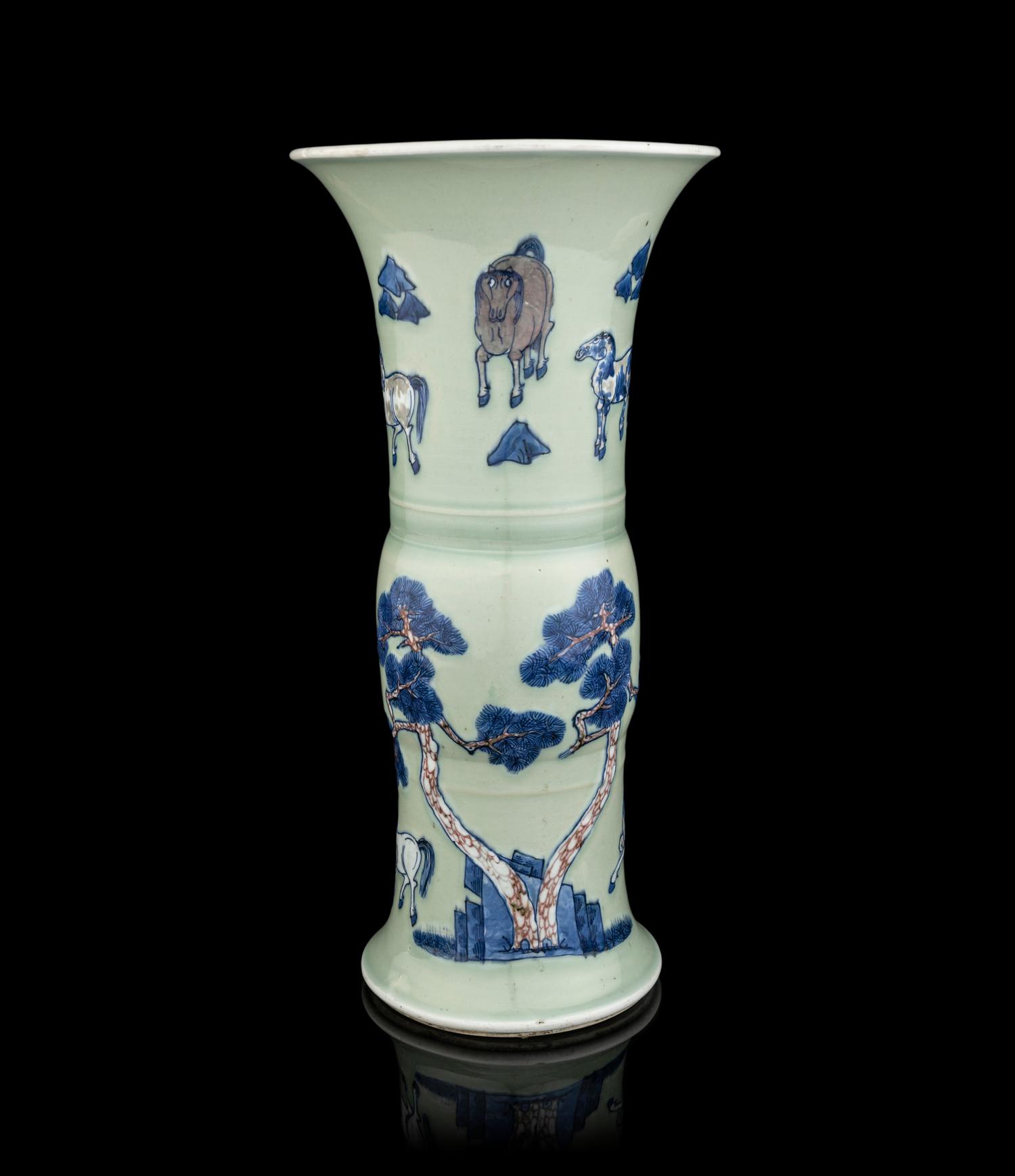 A Chinese Celadon Ground Underglaze Blue and Copper Red Porcelain Gu Vase