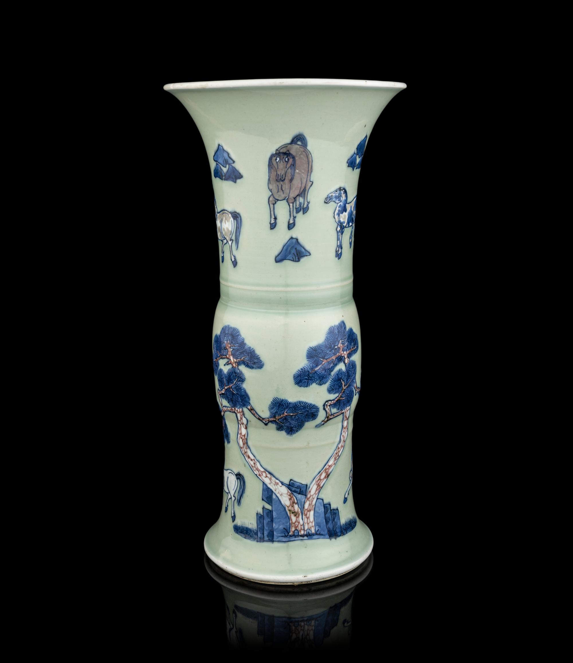 A Chinese Celadon Ground Underglaze Blue and Copper Red Porcelain Gu Vase