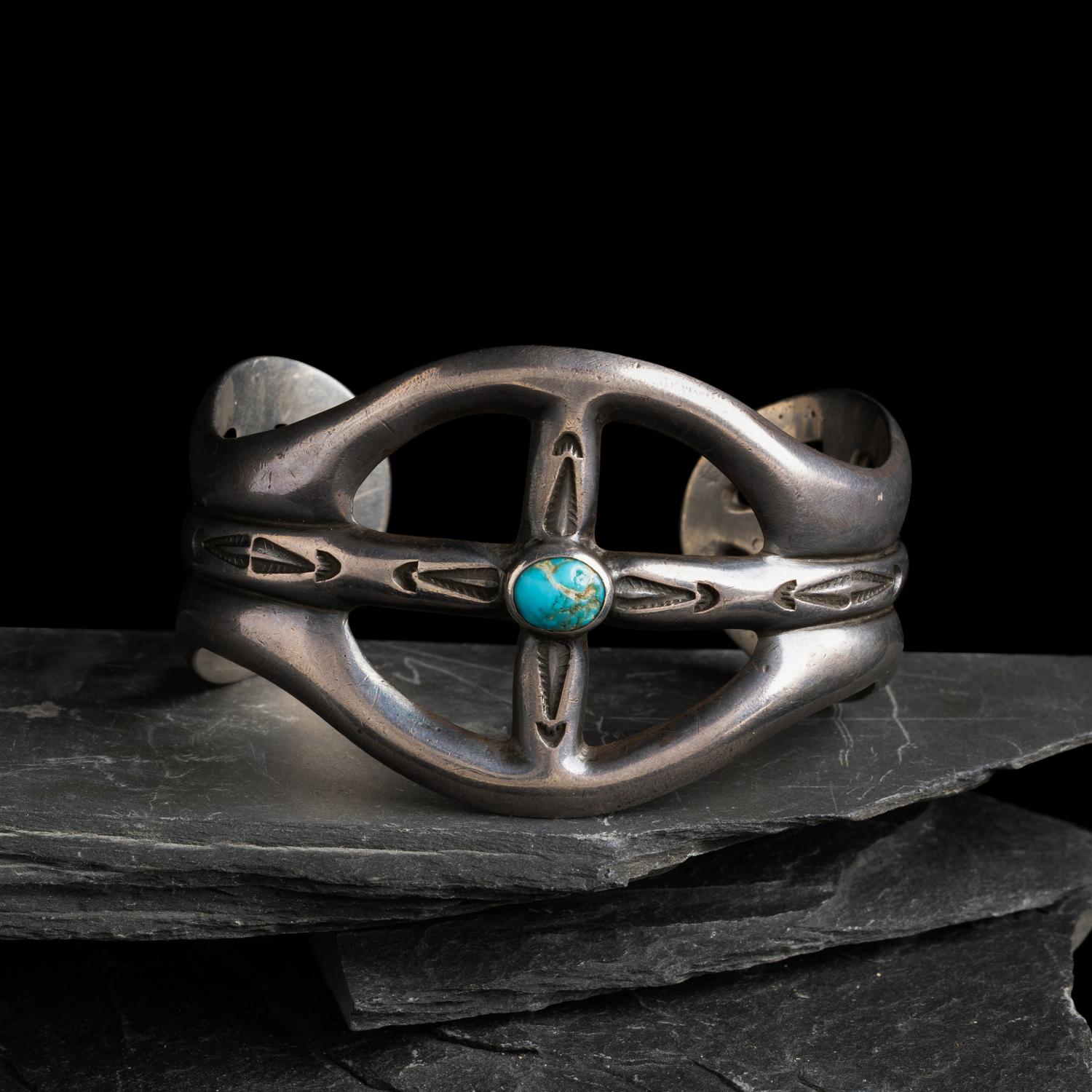 Navajo Sand Cast Silver and Turquoise Cuff Bracelet, US NAVAJO 40