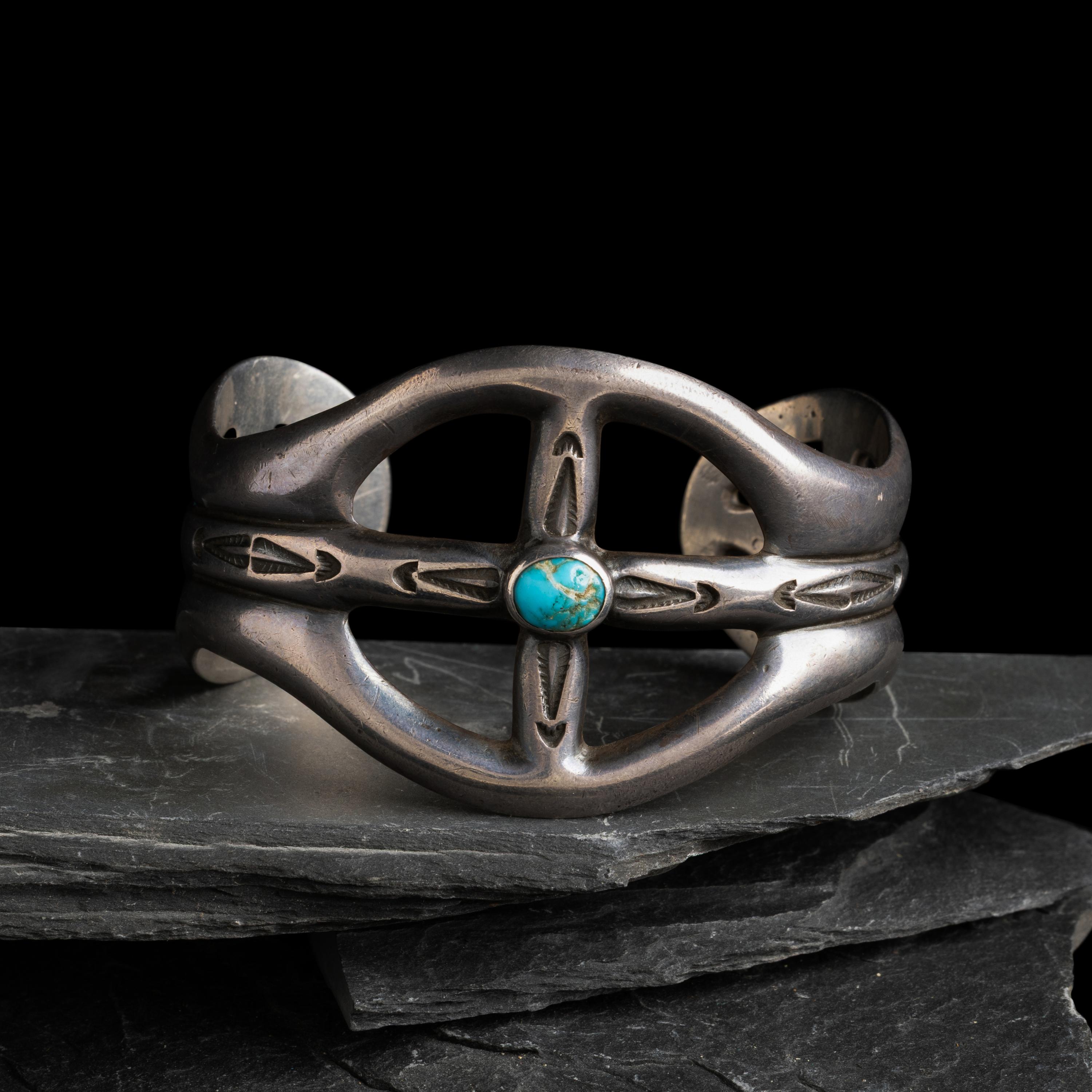 Navajo Sand Cast Silver and Turquoise Cuff Bracelet, US NAVAJO 40