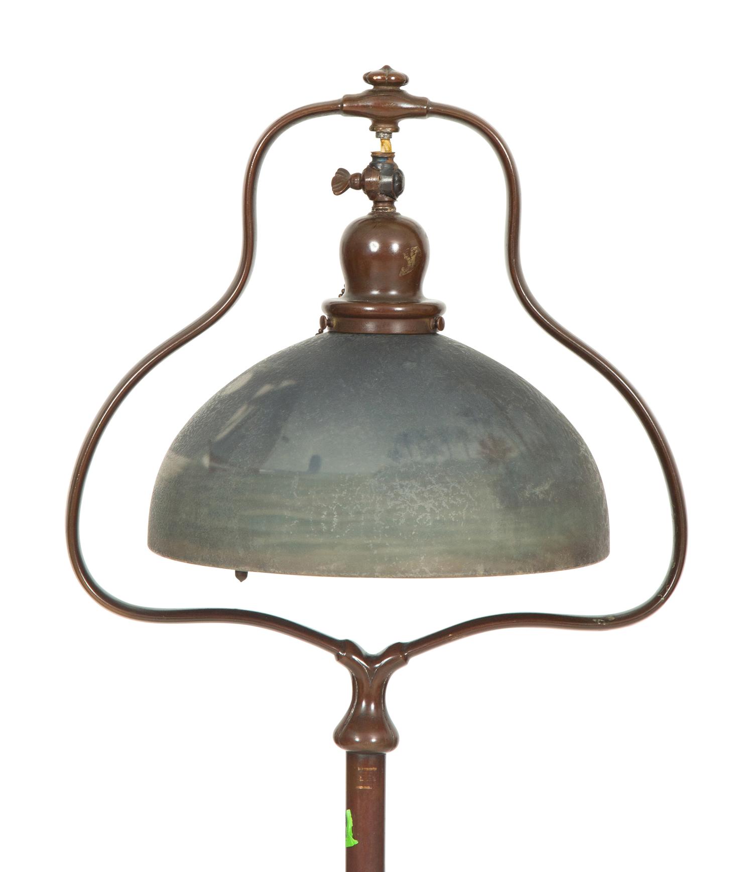 An Handel Reverse Painted Glass Treasure Island Harp Floor Lamp
