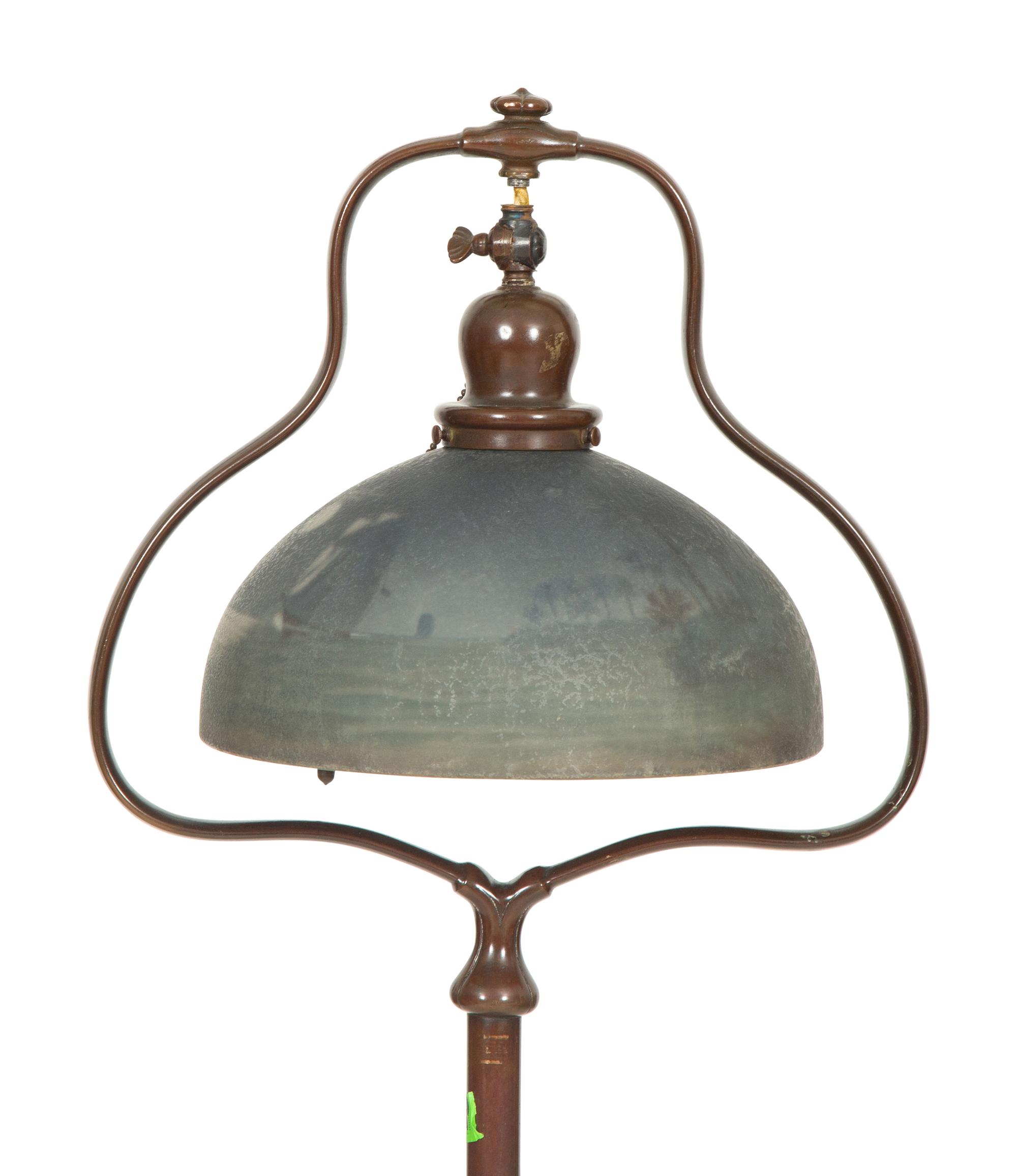 An Handel Reverse Painted Glass Treasure Island Harp Floor Lamp