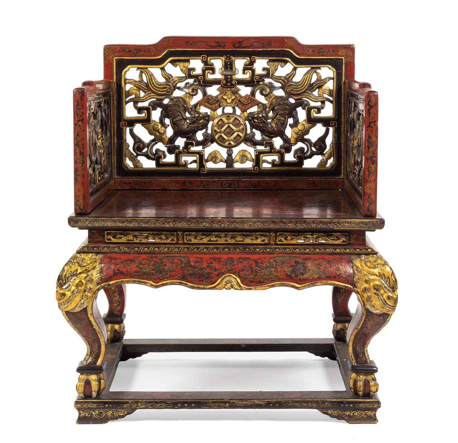 A Chinese Gilt-Decorated Red-Lacquered Throne Chair 18TH/19TH CENTURY Height 43 x width 33 1/2 x depth 28 inches. — 18TH/19TH CENTURY
