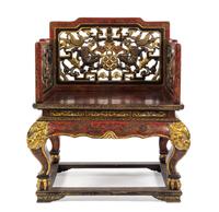 A Chinese Gilt-Decorated Red-Lacquered Throne Chair 18TH/19TH CENTURY Height 43 x width 33 1/2 x depth 28 inches. — 18TH/19TH CENTURY