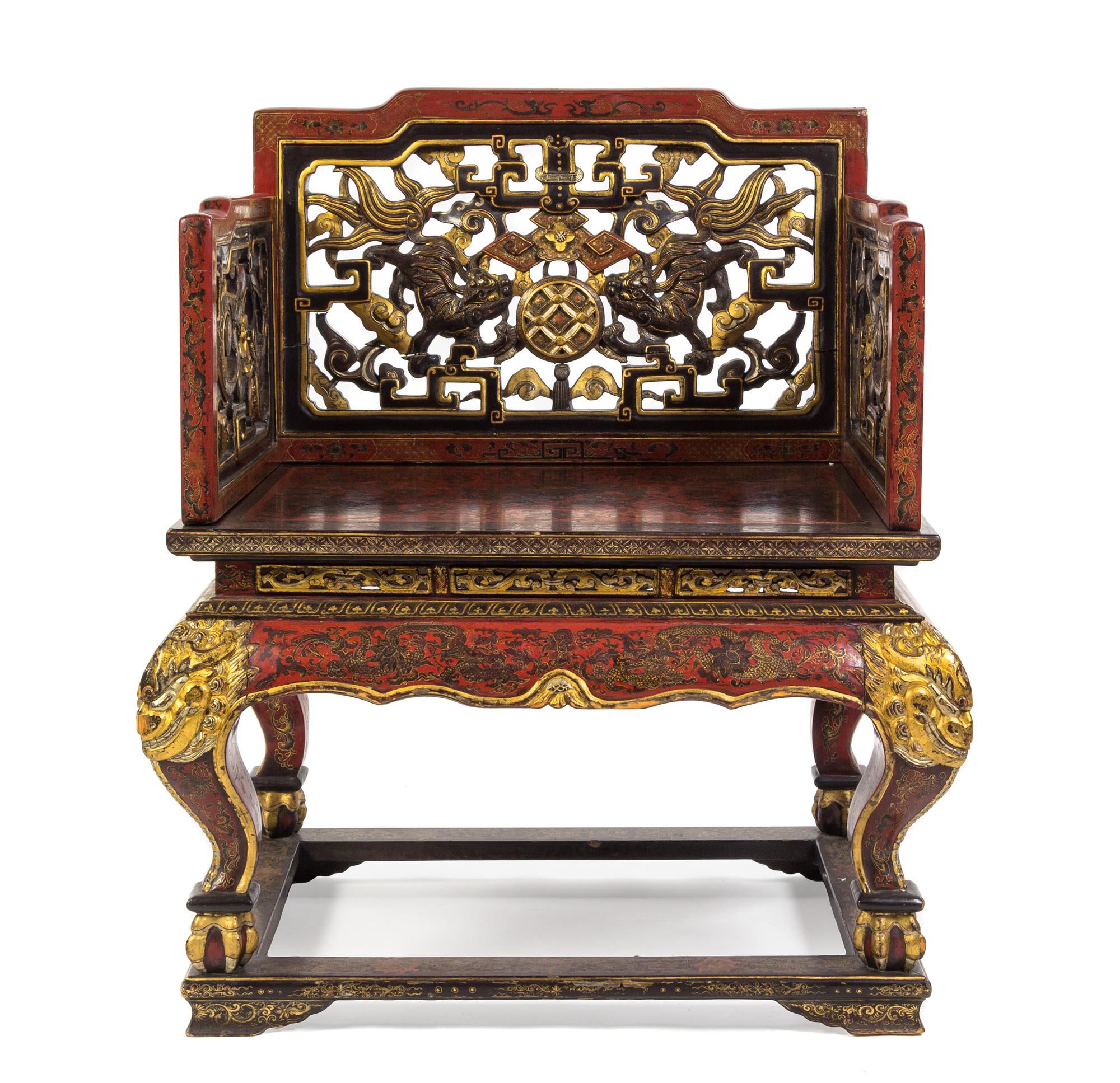 A Chinese Gilt-Decorated Red-Lacquered Throne Chair 18TH/19TH CENTURY Height 43 x width 33 1/2 x depth 28 inches. — 18TH/19TH CENTURY