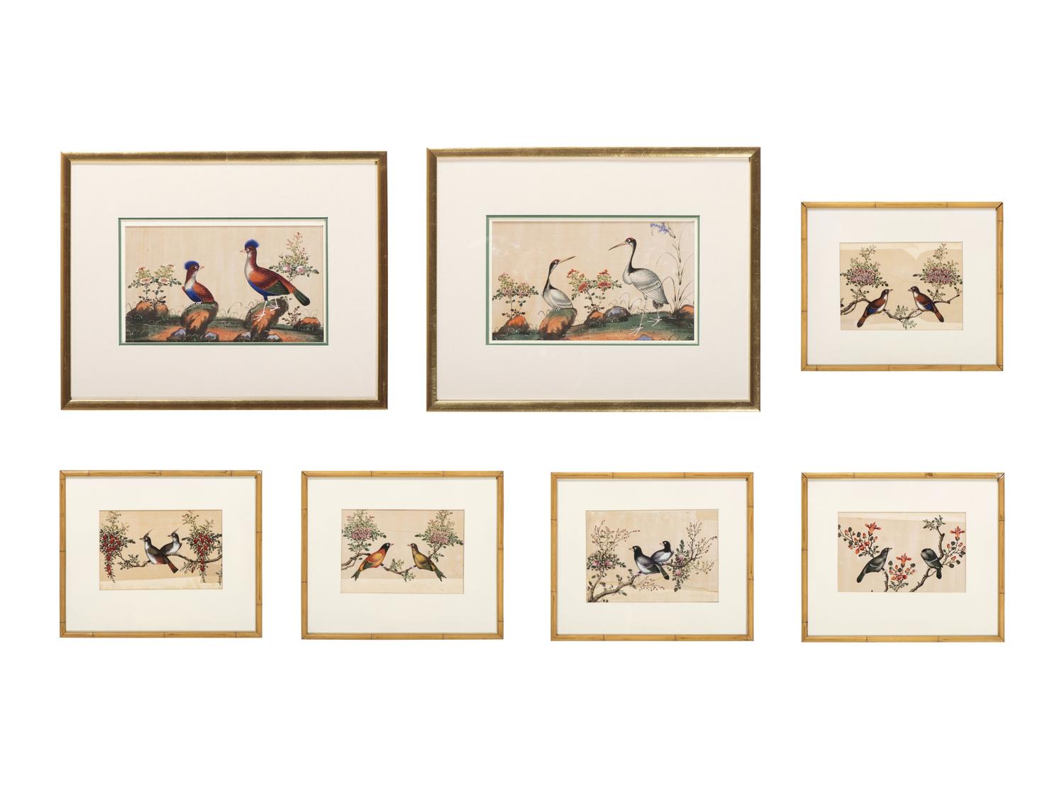 Seven Chinese Export Pith Paintings of Perched Birds and Flowers