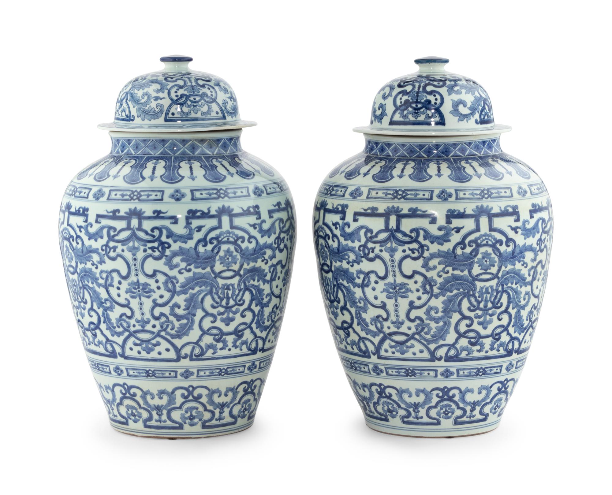 A Pair of Chinese Export Blue and White Porcelain Jars